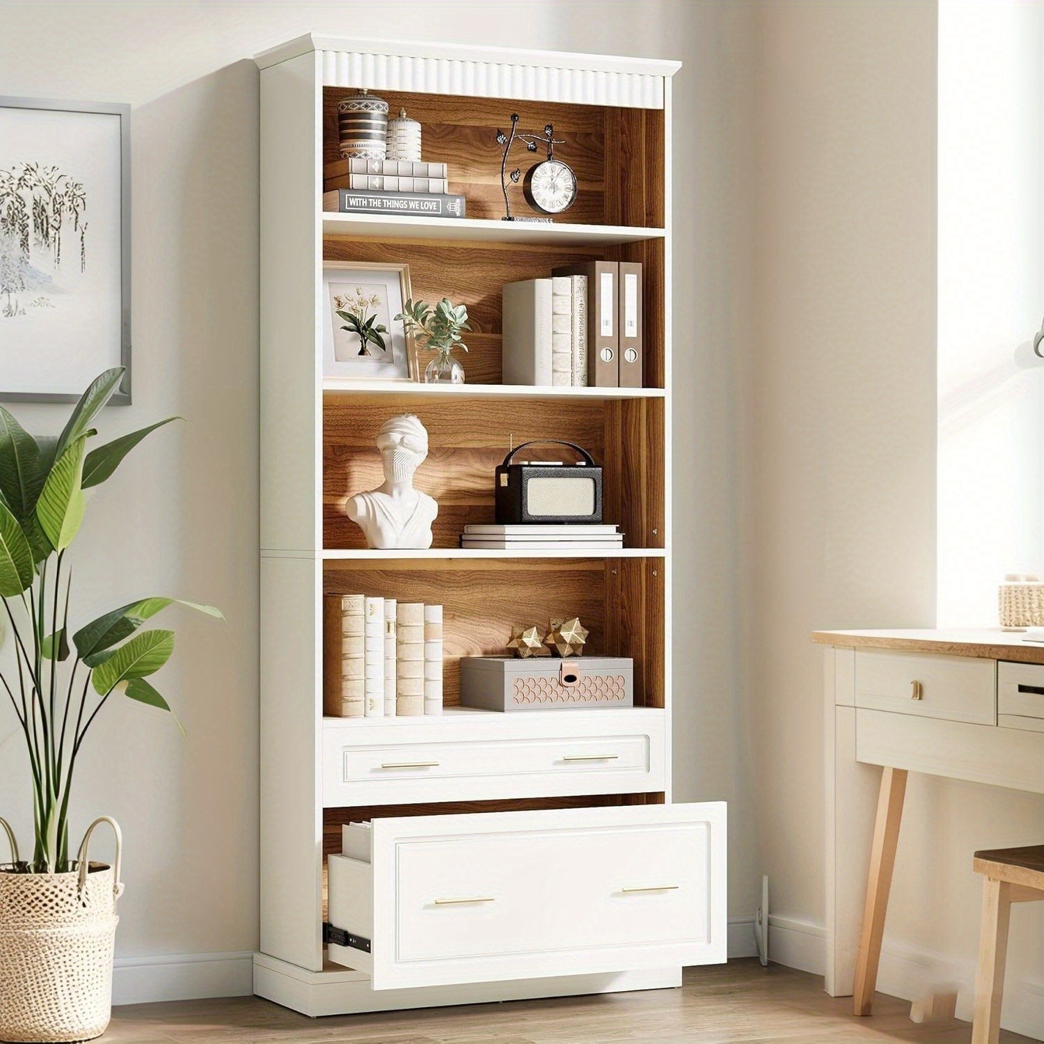 Lantine 5-Shelf Bookcase with File Cabinet Drawer, 72" Tall White Bookshelf, Modern Free-Standing Wood Bookcase, Large Open Display Storage Book