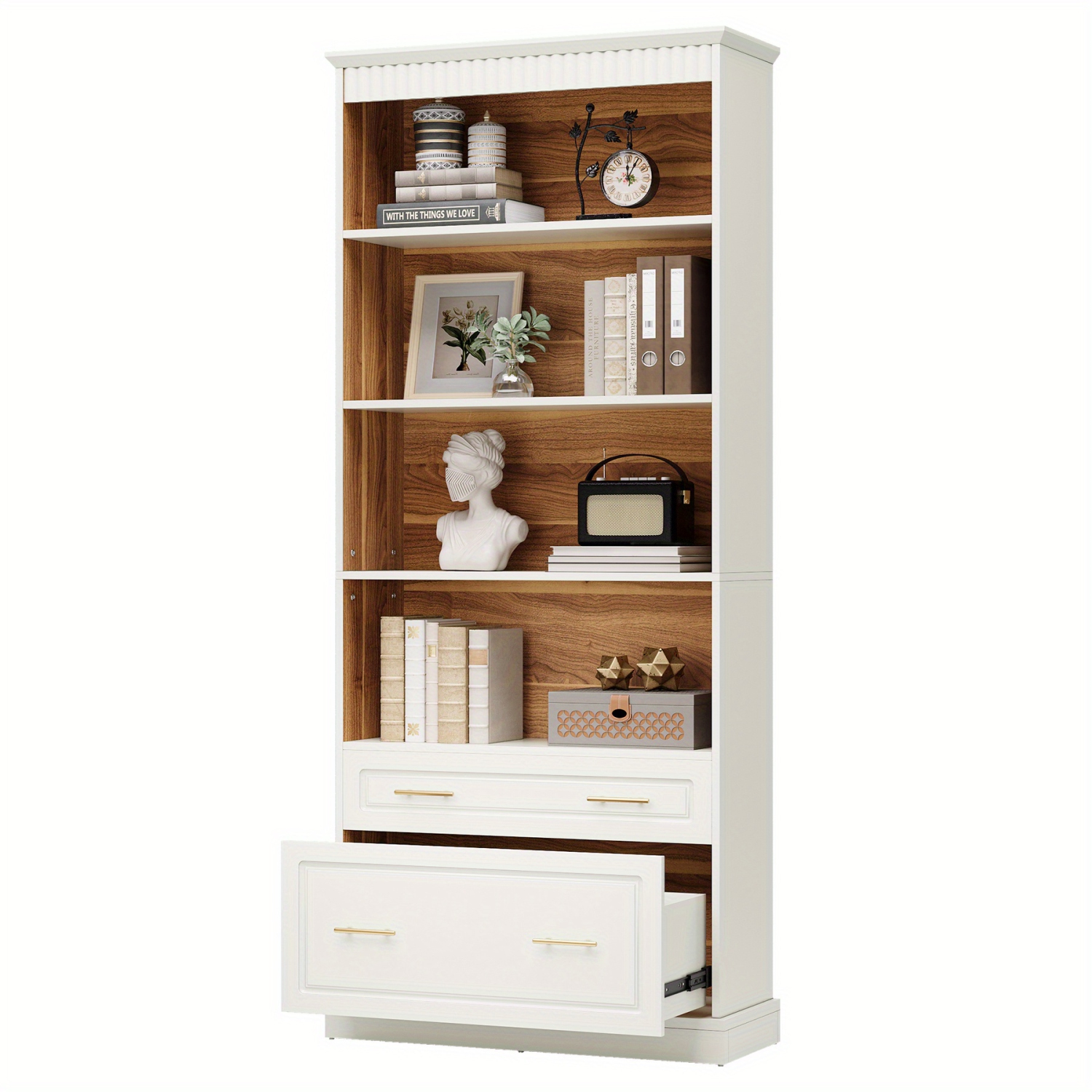 Lantine 5-Shelf Bookcase with File Cabinet Drawer, 72" Tall White Bookshelf, Modern Free-Standing Wood Bookcase, Large Open Display Storage Book