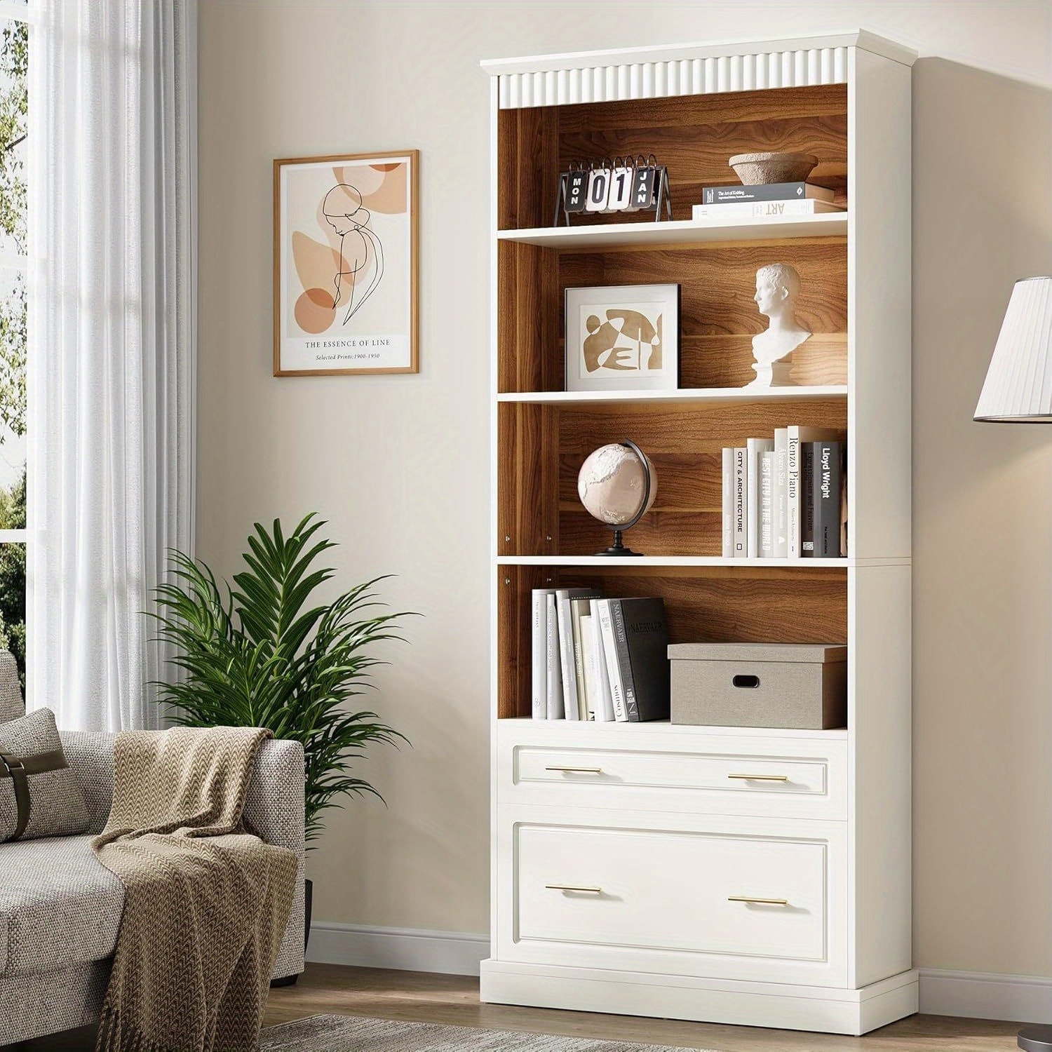 Lantine 5-Shelf Bookcase with File Cabinet Drawer, 72" Tall White Bookshelf, Modern Free-Standing Wood Bookcase, Large Open Display Storage Book