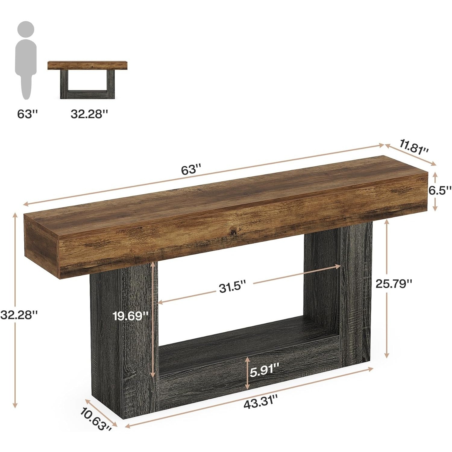 Lantine 63" Console Table, Farmhouse 2-Tier Entryway Table with U-Shaped Base, Narrow Long Wood Sofa Table Behind Couch Table for Living Room,