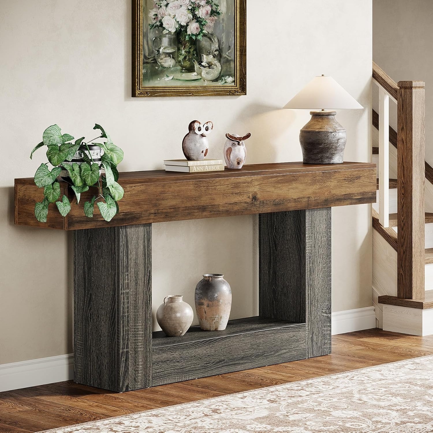 Lantine 63" Console Table, Farmhouse 2-Tier Entryway Table with U-Shaped Base, Narrow Long Wood Sofa Table Behind Couch Table for Living Room,