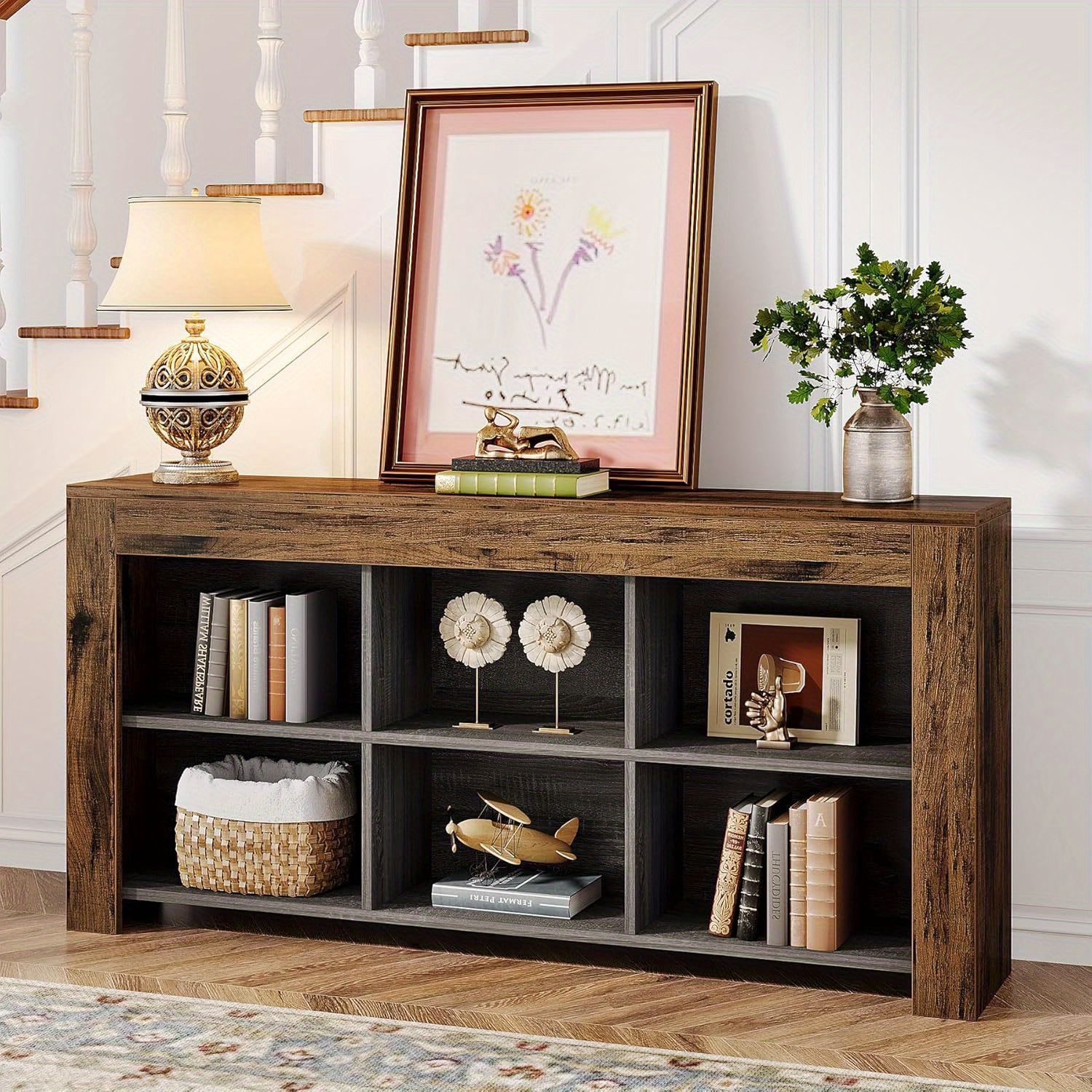 Lantine 63-Inch Long Console Table, Rustic Wood Entryway Table with 6 Storage Cubes, Industrial Narrow Sofa Table Behind Couch Table for Living Room,