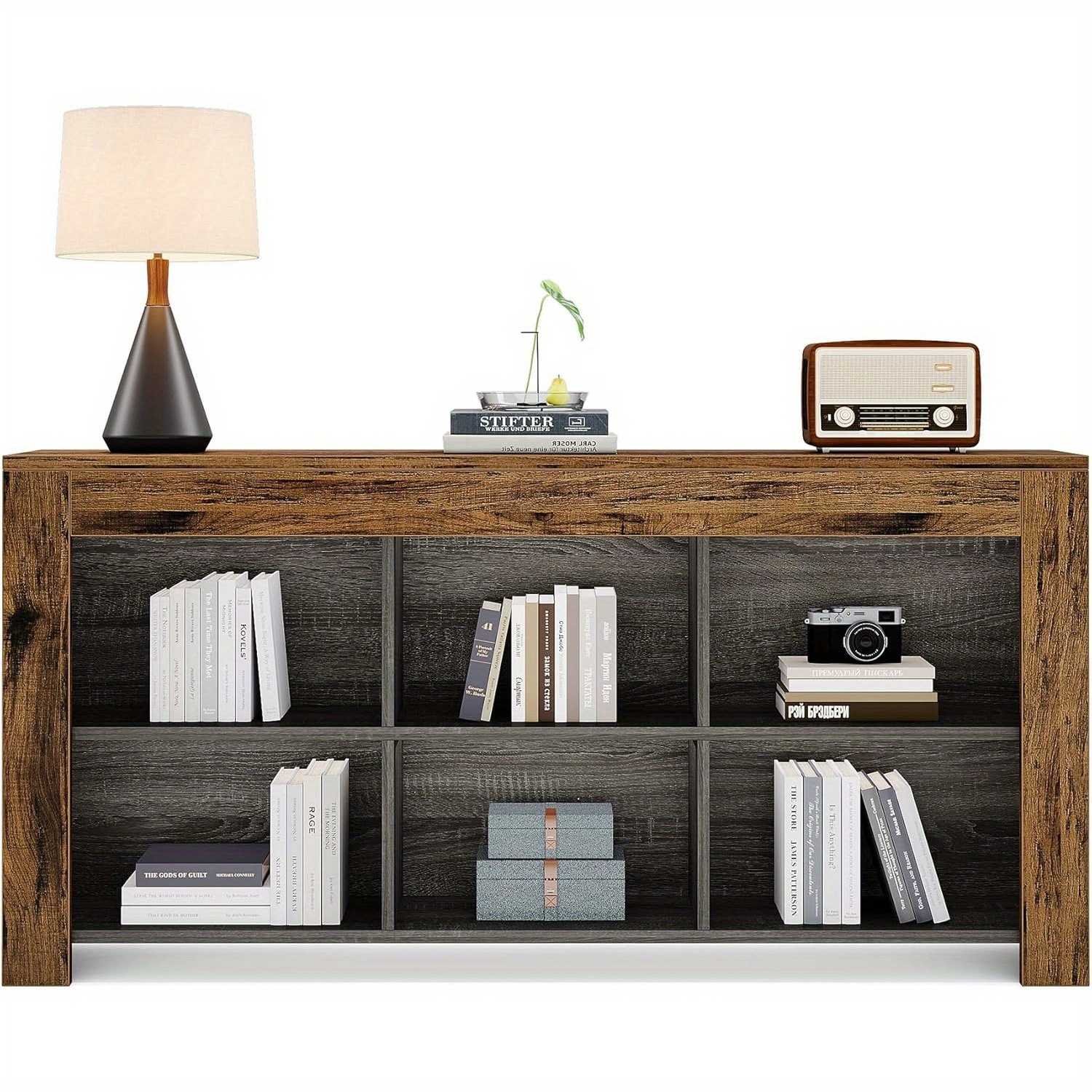 Lantine 63-Inch Long Console Table, Rustic Wood Entryway Table with 6 Storage Cubes, Industrial Narrow Sofa Table Behind Couch Table for Living Room,