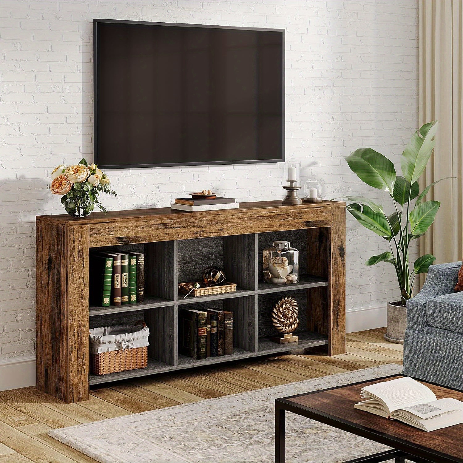 Lantine 63-Inch Long Console Table, Rustic Wood Entryway Table with 6 Storage Cubes, Industrial Narrow Sofa Table Behind Couch Table for Living Room,