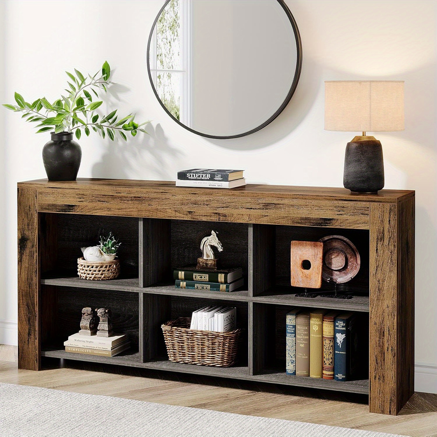 Lantine 63-Inch Long Console Table, Rustic Wood Entryway Table with 6 Storage Cubes, Industrial Narrow Sofa Table Behind Couch Table for Living Room,