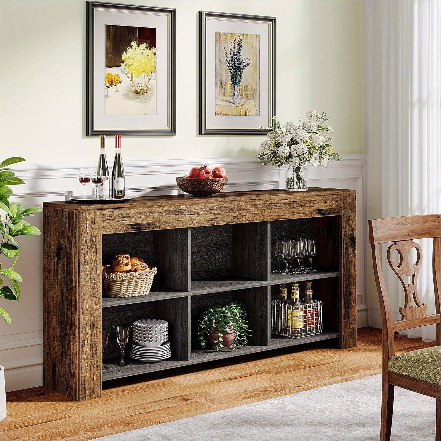 Lantine 63-Inch Long Console Table, Rustic Wood Entryway Table with 6 Storage Cubes, Industrial Narrow Sofa Table Behind Couch Table for Living Room,