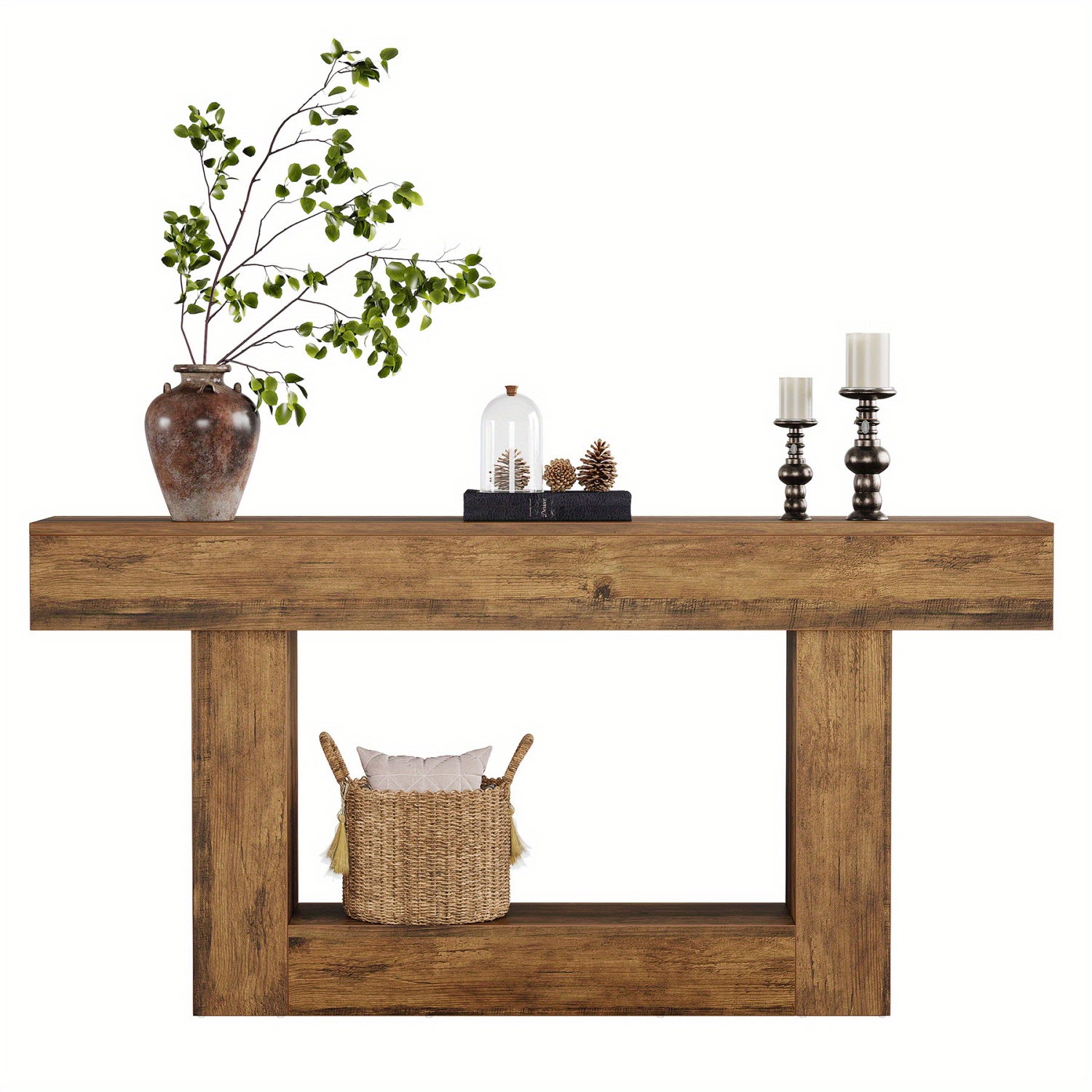 Lantine Console Table, Farmhouse 2-Tier Entryway Table with U-Shaped Base, Narrow Long Wood Sofa Table Behind Couch Table for Living Room, Storage