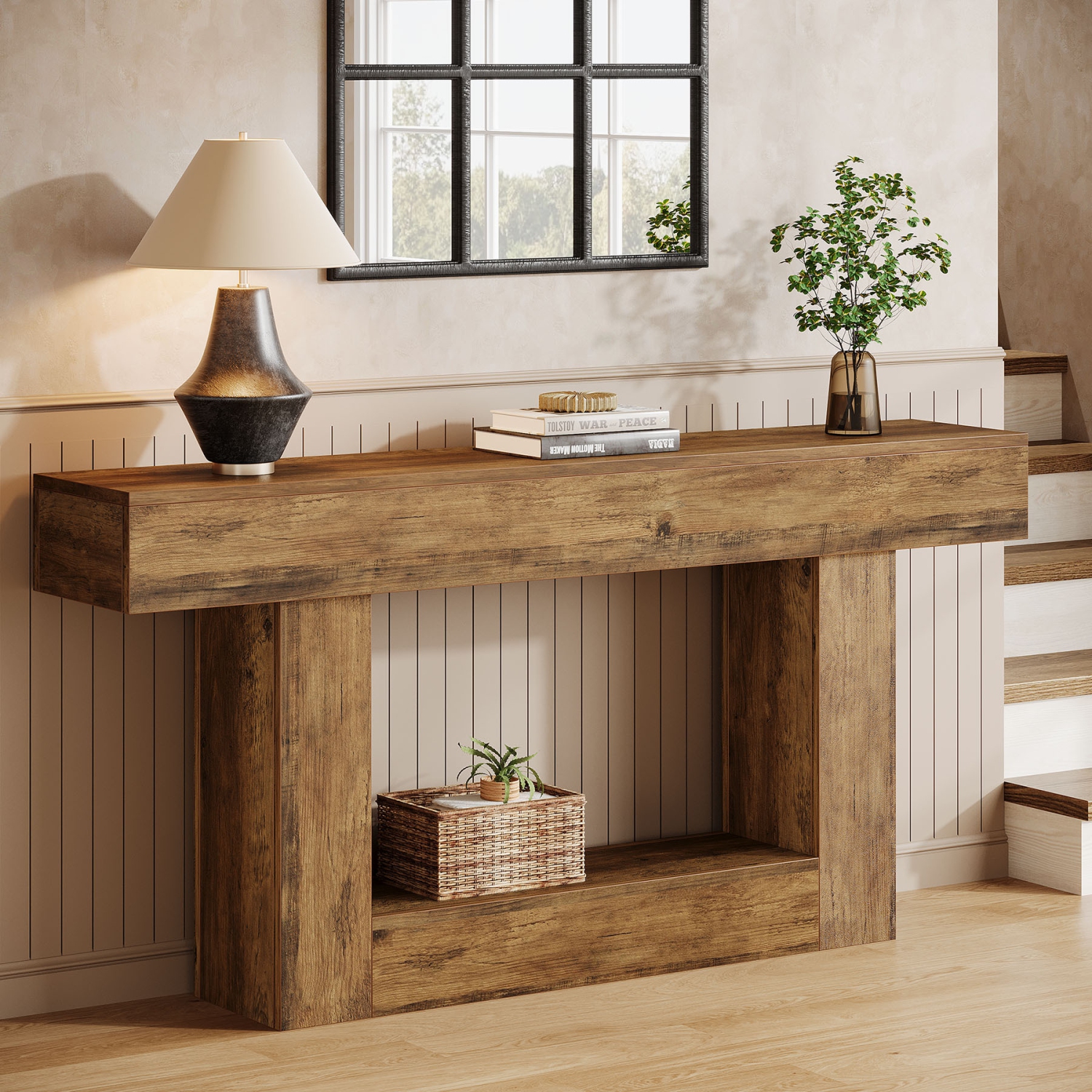 Lantine Console Table, Farmhouse 2-Tier Entryway Table with U-Shaped Base, Narrow Long Wood Sofa Table Behind Couch Table for Living Room, Storage