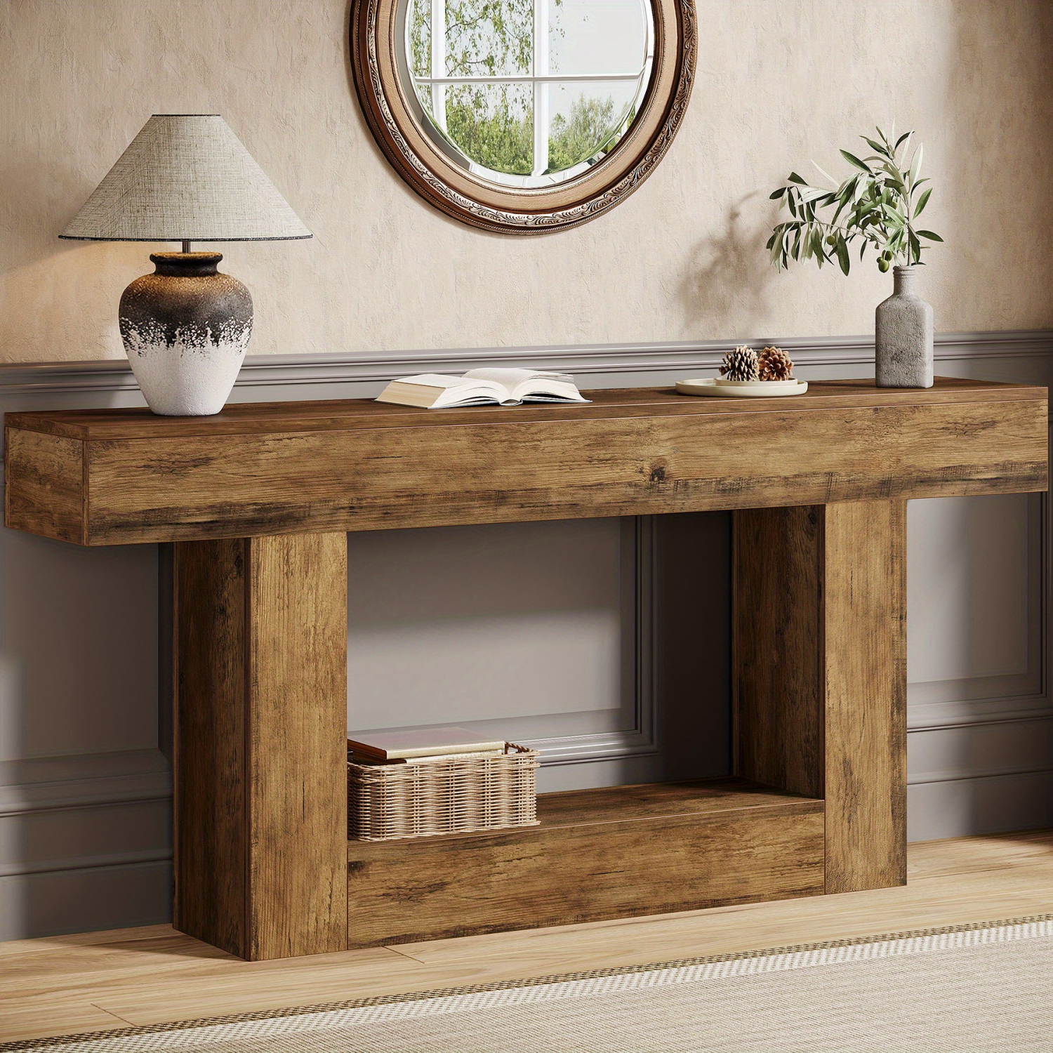 Lantine Console Table, Farmhouse 2-Tier Entryway Table with U-Shaped Base, Narrow Long Wood Sofa Table Behind Couch Table for Living Room, Storage