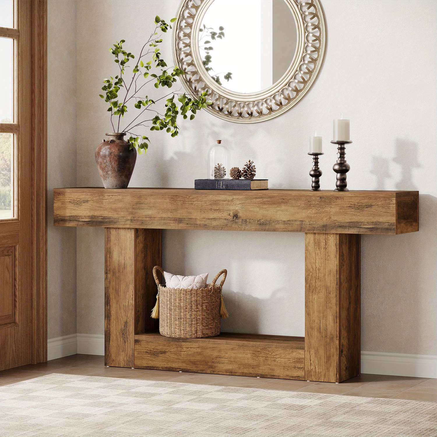 Lantine Console Table, Farmhouse 2-Tier Entryway Table with U-Shaped Base, Narrow Long Wood Sofa Table Behind Couch Table for Living Room, Storage