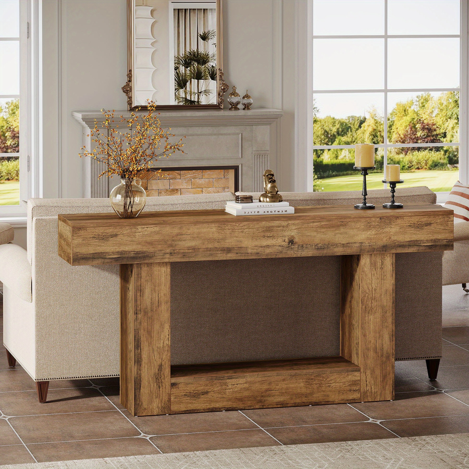 Lantine Console Table, Farmhouse 2-Tier Entryway Table with U-Shaped Base, Narrow Long Wood Sofa Table Behind Couch Table for Living Room, Storage