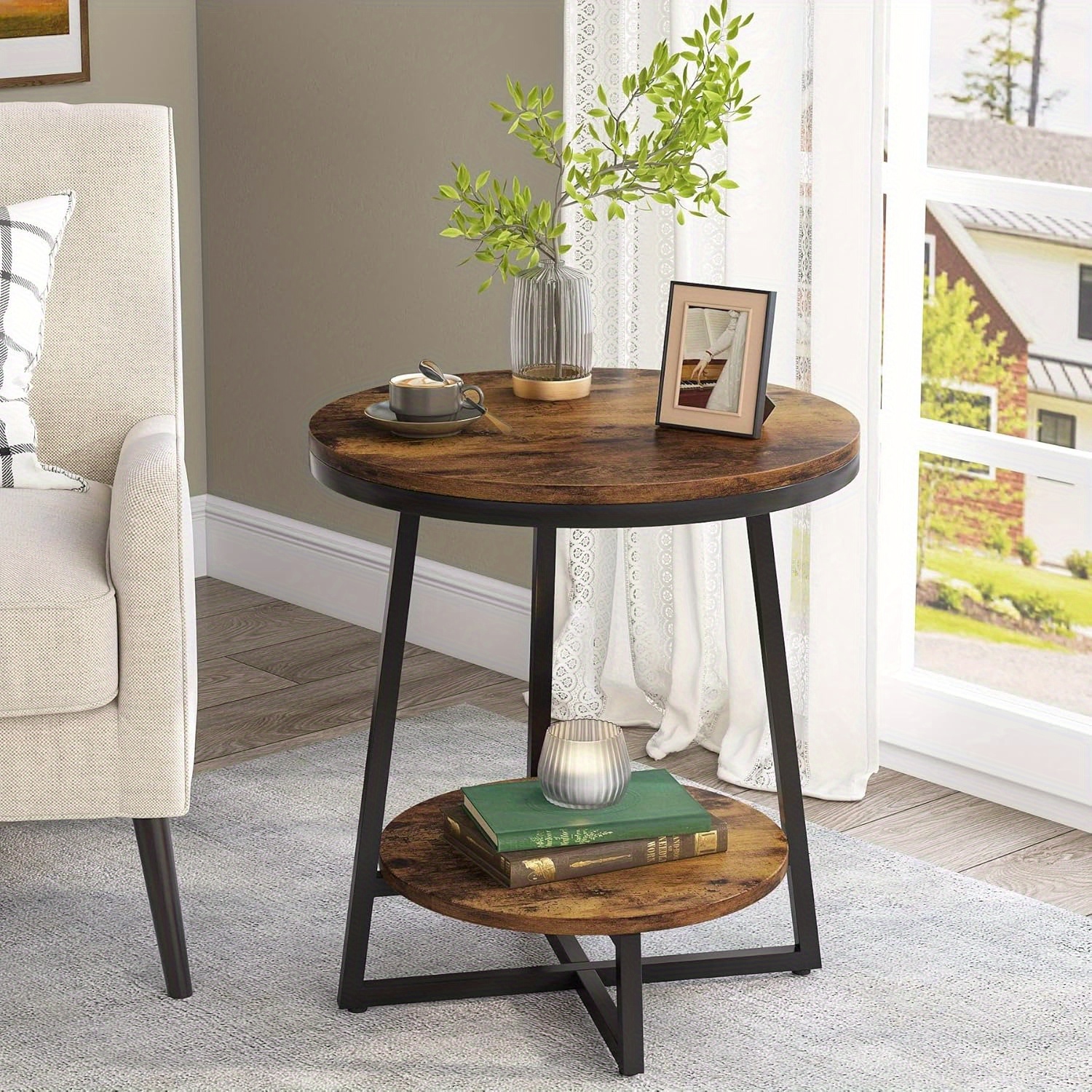 Lantine Round End Table Set of 2, 2 Tier Side Table with Storage Shelf, Industrial Nightstand Bedside Table Coffee Accent Table for Living Room Small