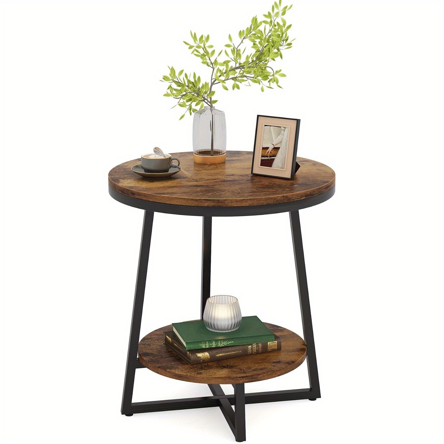 Lantine Round End Table Set of 2, 2 Tier Side Table with Storage Shelf, Industrial Nightstand Bedside Table Coffee Accent Table for Living Room Small