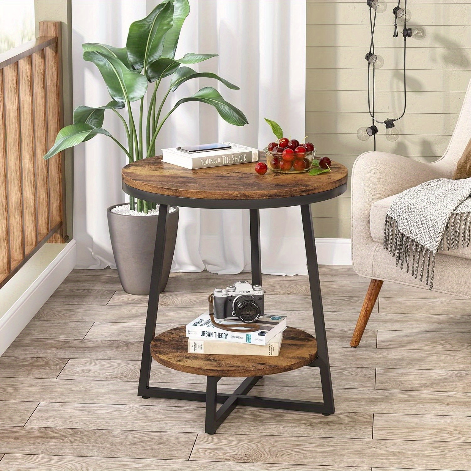 Lantine Round End Table Set of 2, 2 Tier Side Table with Storage Shelf, Industrial Nightstand Bedside Table Coffee Accent Table for Living Room Small
