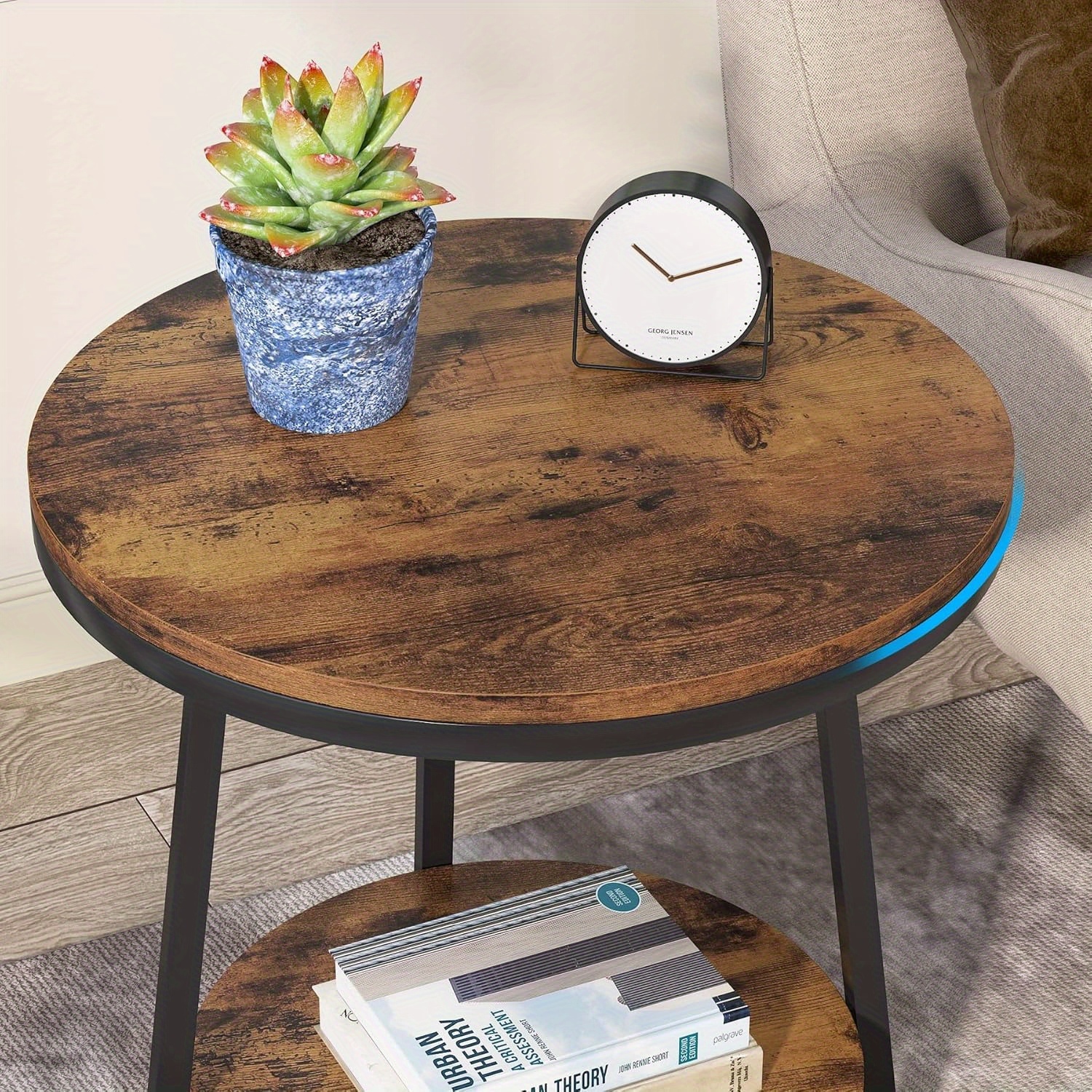 Lantine Round End Table Set of 2, 2 Tier Side Table with Storage Shelf, Industrial Nightstand Bedside Table Coffee Accent Table for Living Room Small