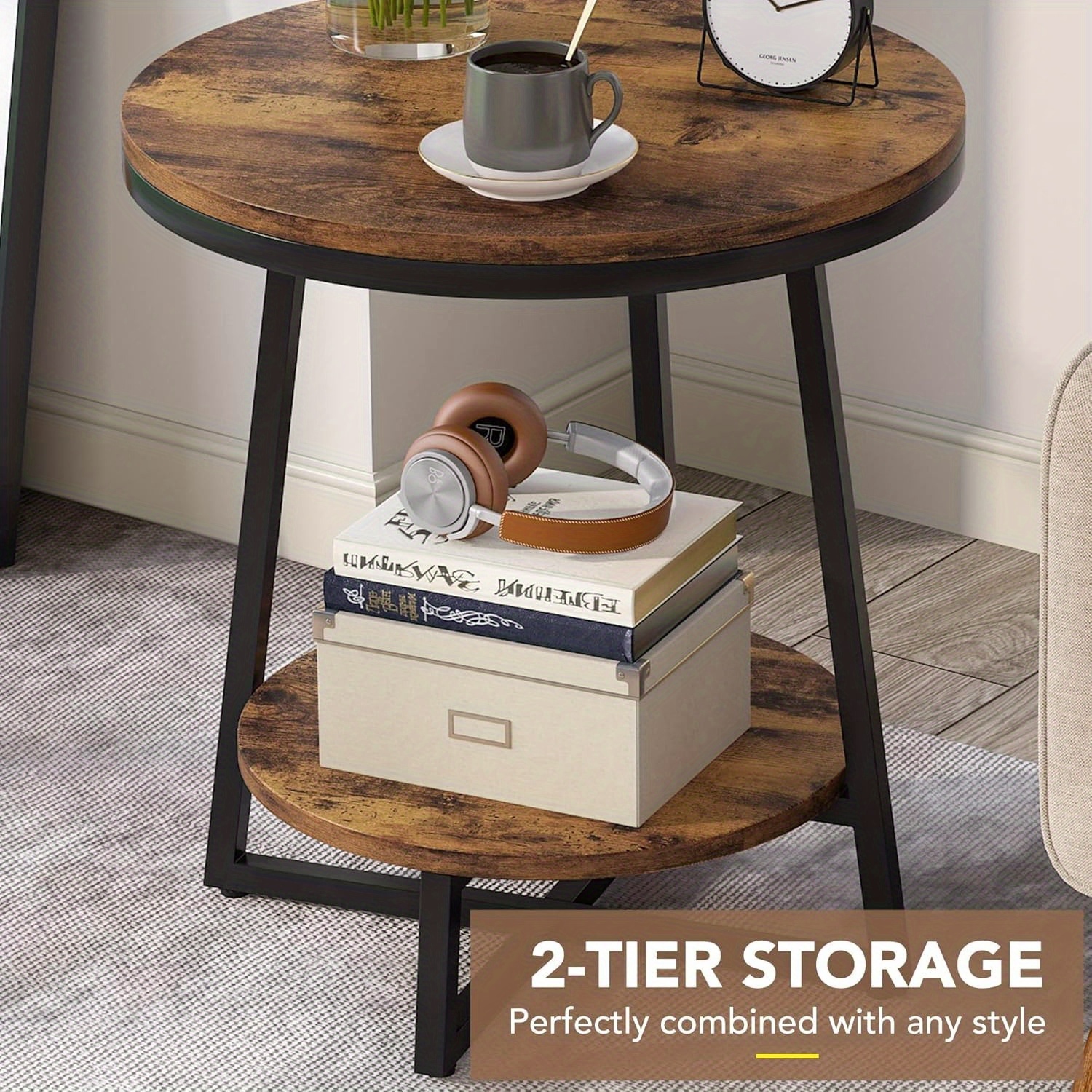 Lantine Round End Table Set of 2, 2 Tier Side Table with Storage Shelf, Industrial Nightstand Bedside Table Coffee Accent Table for Living Room Small