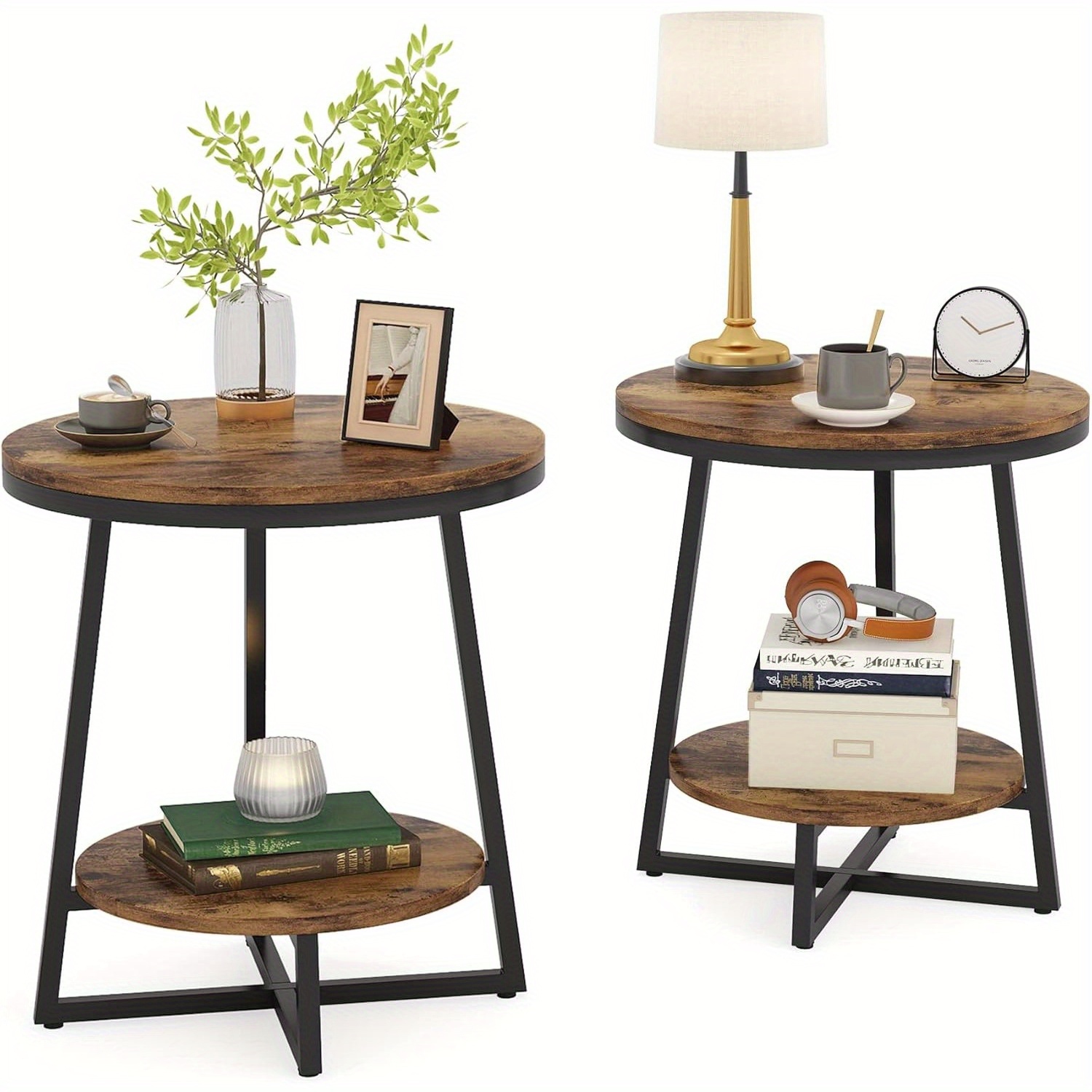 Lantine Round End Table Set of 2, 2 Tier Side Table with Storage Shelf, Industrial Nightstand Bedside Table Coffee Accent Table for Living Room Small