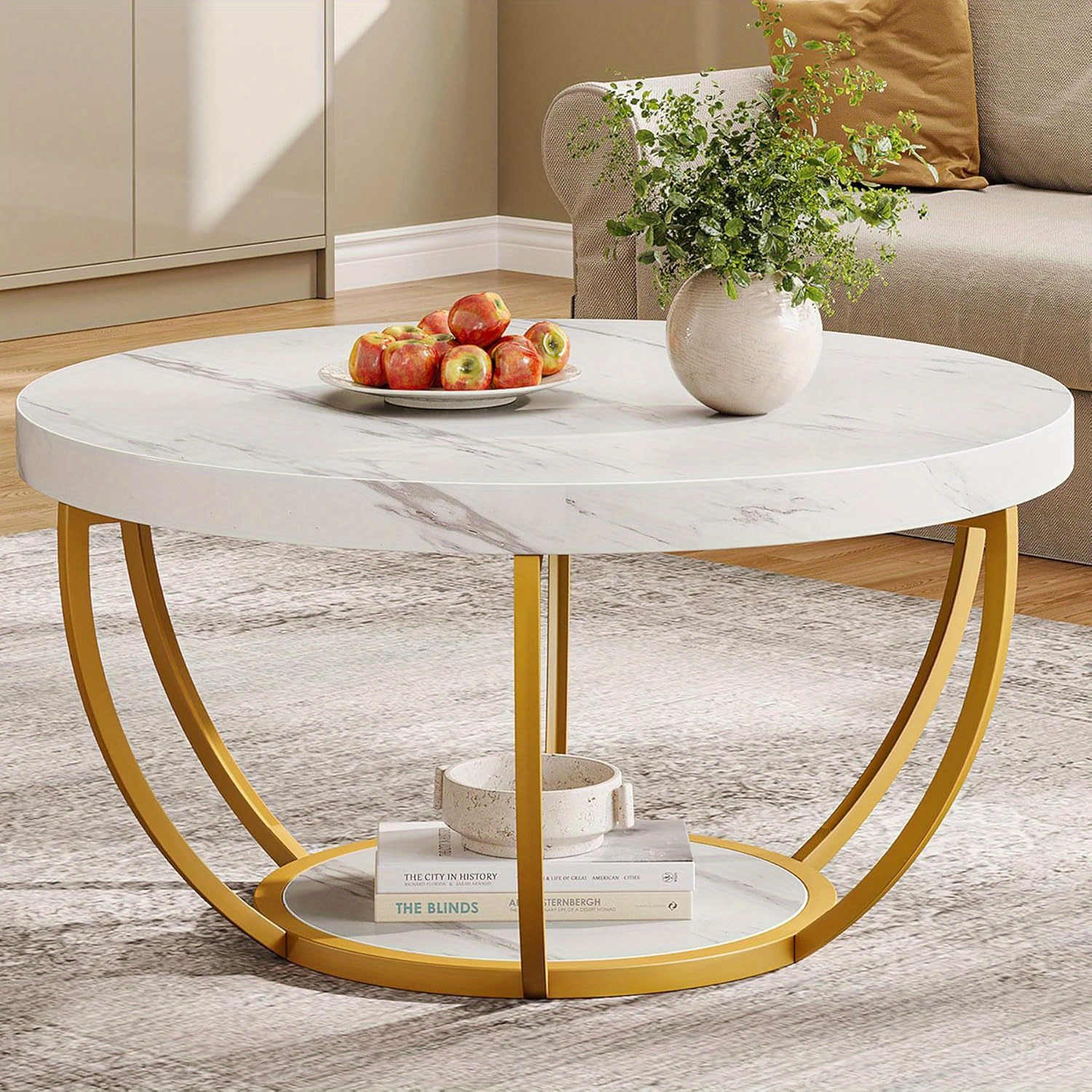 Table basse ronde moderne Lantine, table basse à 2 niveaux avec faux marbre blanc et pattes en métal doré, table thé ronde pour le salon, blanc et
