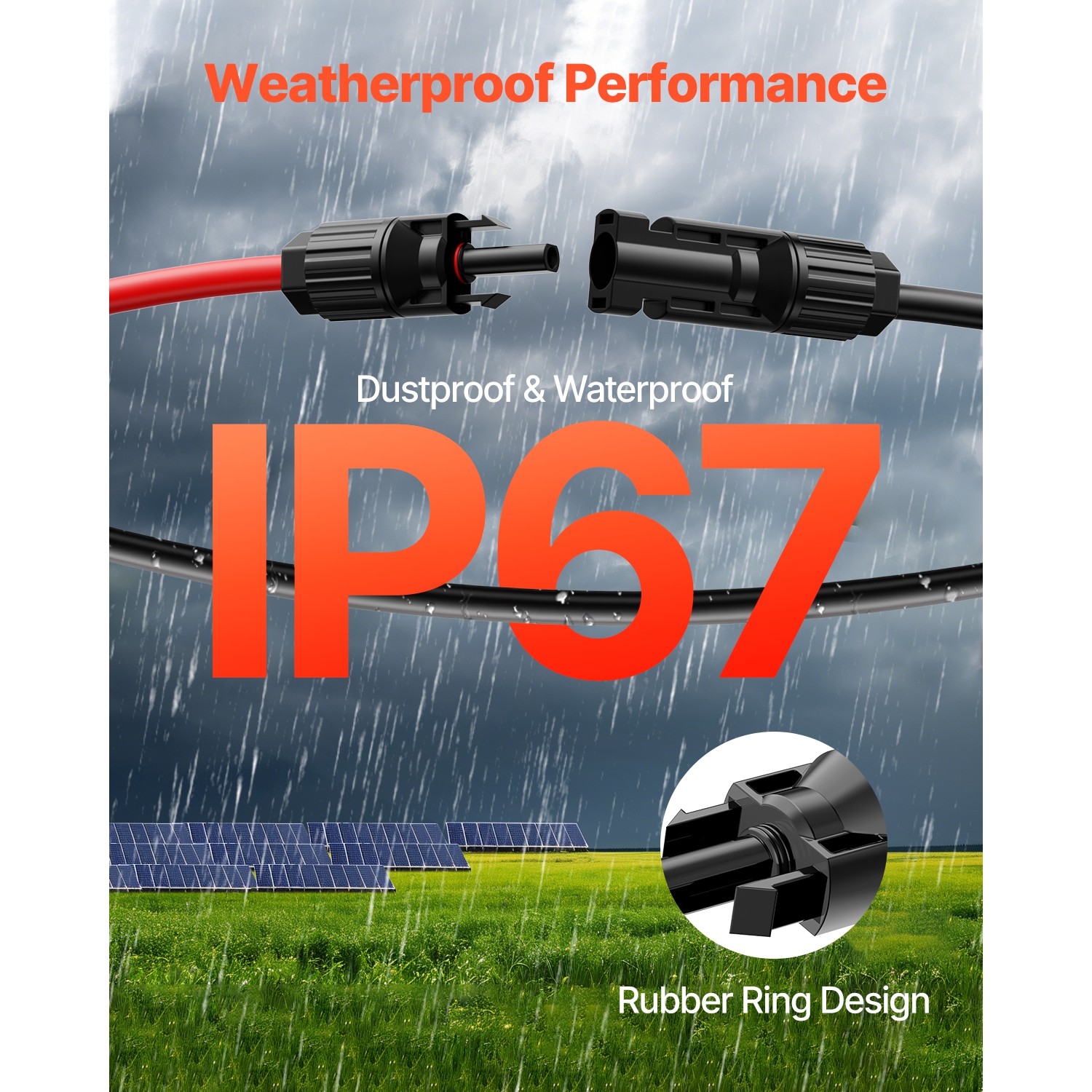 VEVOR 50FT Solar Panel Extension Cable, 10AWG Solar Extension Cable Wire with Female & Male Waterproof Connectors, 6mm² PV Cable for RV Solar Panels,