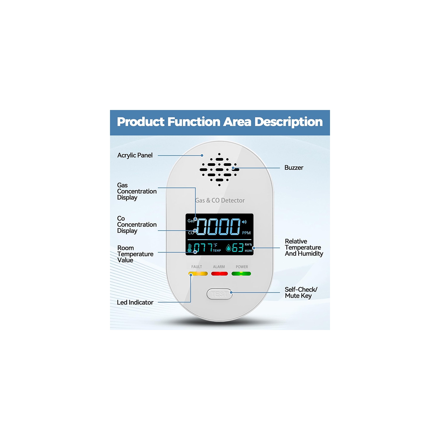 4 in 1 composite detector, indoor CO gas alarm with temperature and humidity display sensor, long plug gas detector