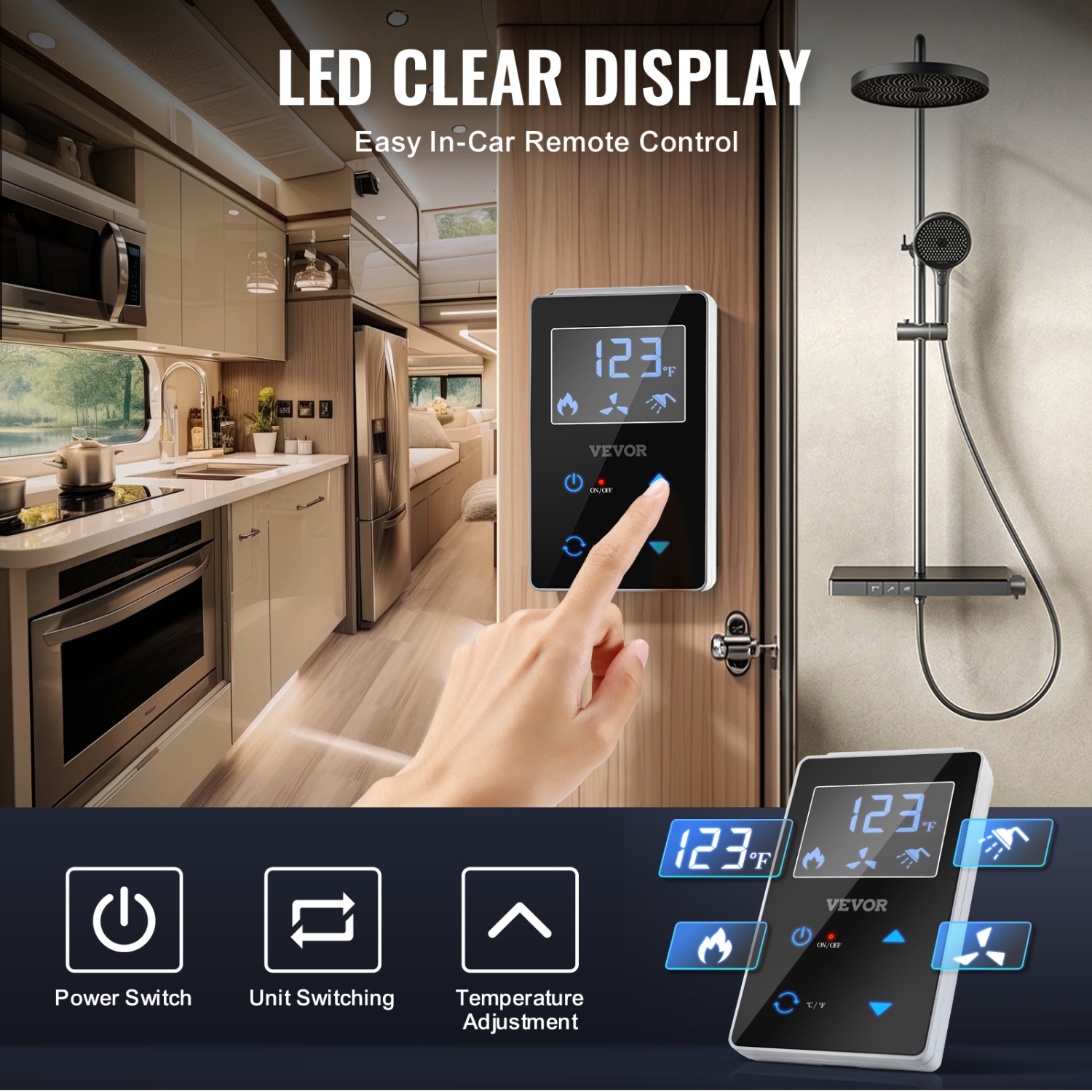 VEVOR 65000BTU RV Tankless Water Heater, Instant Shower with 15 x 15 inches White Door and Remote Controller, Optimized Comfort Performance Hot