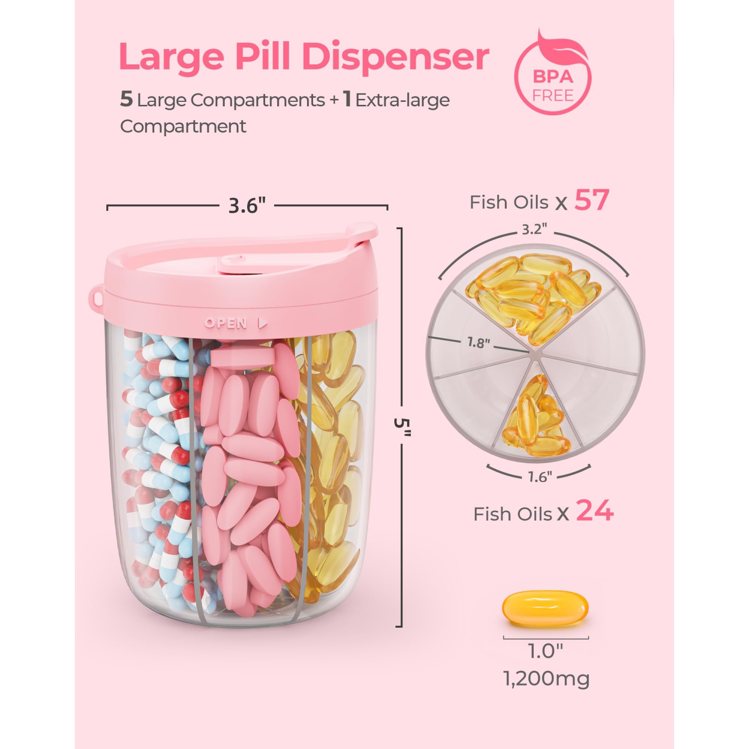 Large Pill Dispenser with 6 Compartments, Anti-Mix Pill Bottle Organizer with Wide Opening & Easy Retrieval, Vitamin Organizer for Travel