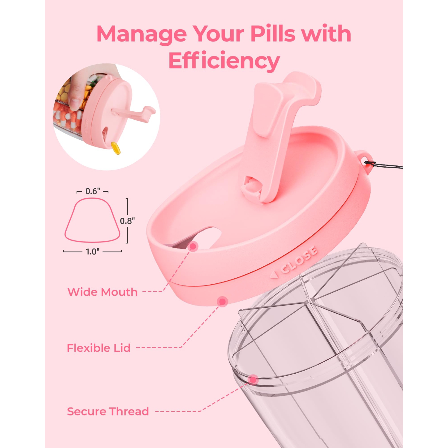 Large Pill Dispenser with 6 Compartments, Anti-Mix Pill Bottle Organizer with Wide Opening & Easy Retrieval, Vitamin Organizer for Travel