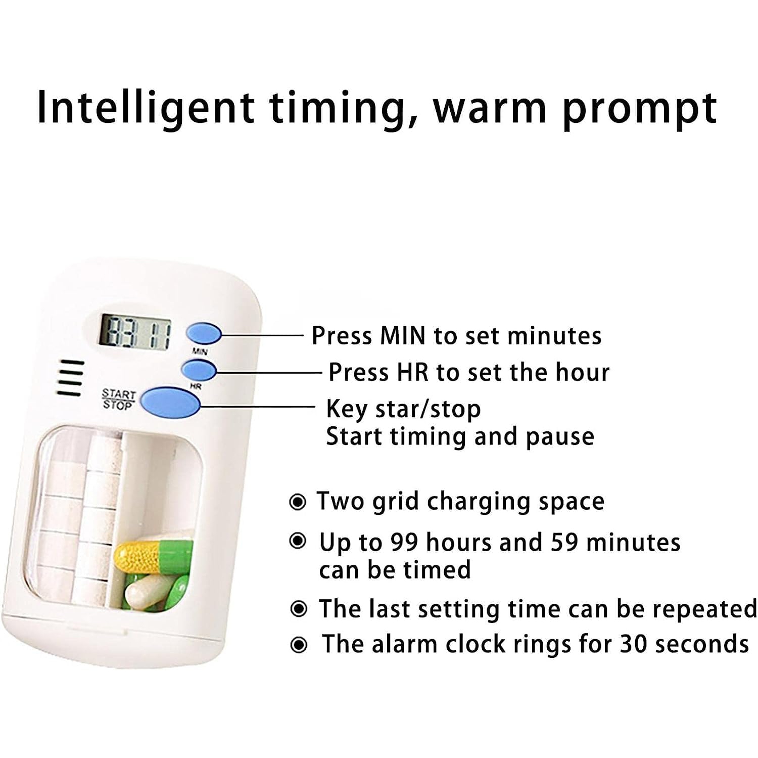 Portable Pill Reminder Box, Medication Alarm Timer, Electronic Organizer for Seniors, Alzheimer's and Dementia Patients
