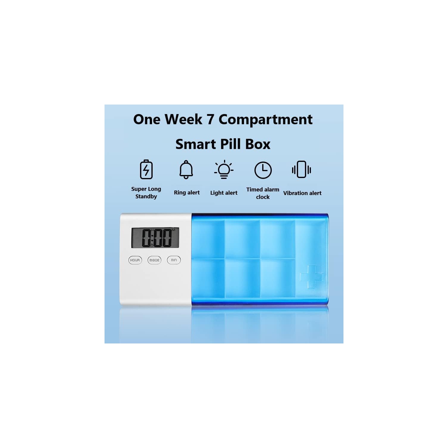 Smart electronic medicine box - 6 compartments + spare compartment, 5 sets of alarm reminders, LED large screen display, dustproof and sealed design