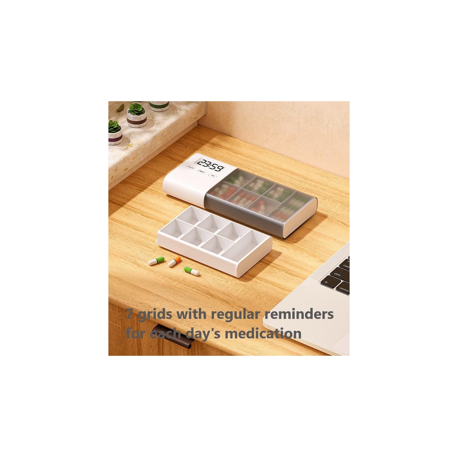 Smart electronic medicine box - 6 compartments + spare compartment, 5 sets of alarm reminders, LED large screen display, dustproof and sealed design