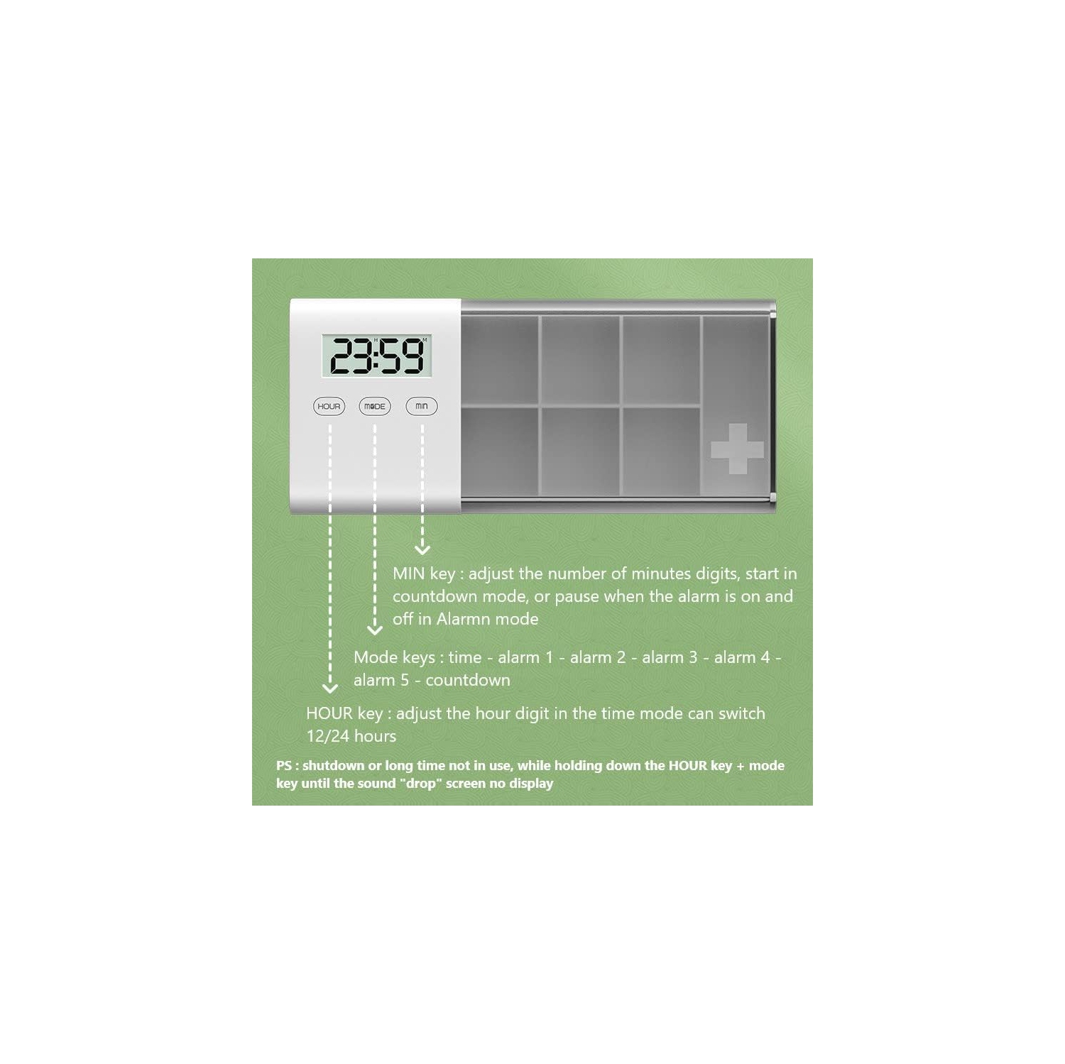 Smart electronic medicine box - 6 compartments + spare compartment, 5 sets of alarm reminders, LED large screen display, dustproof and sealed design