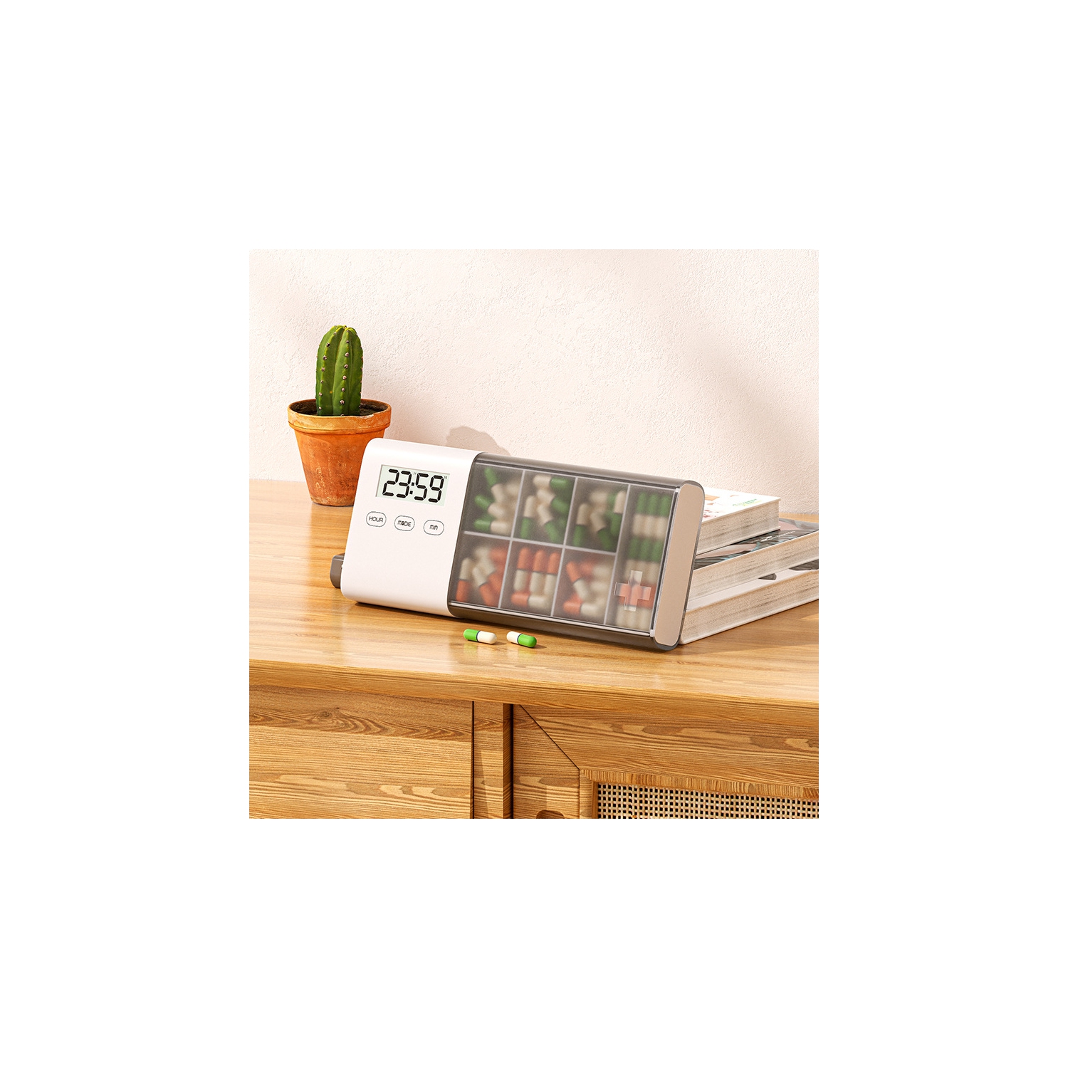 Smart electronic medicine box - 6 compartments + spare compartment, 5 sets of alarm reminders, LED large screen display, dustproof and sealed design