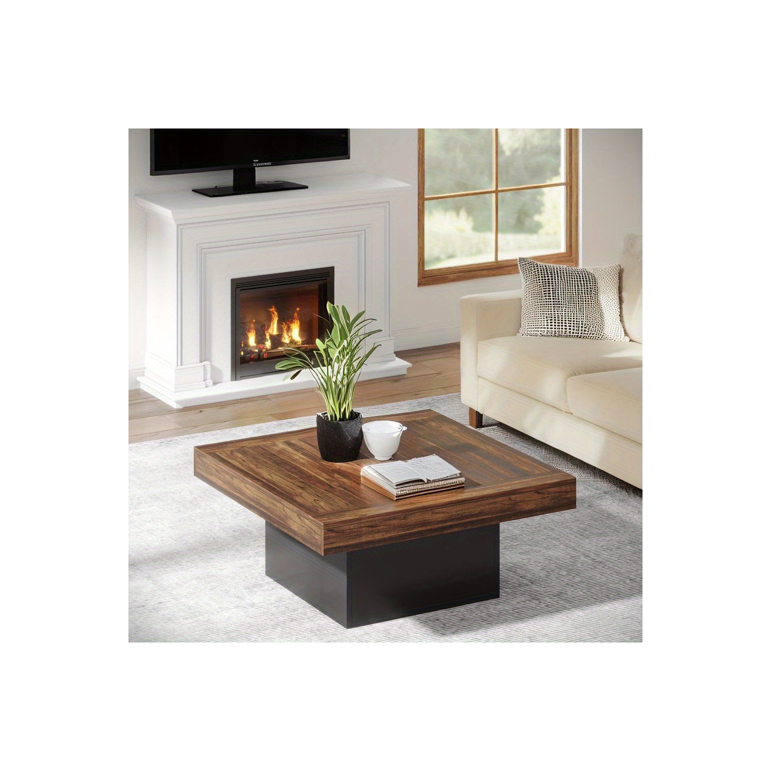 Table basse carrée LED de Lantine Furniture pour la maison Table basse en bois d'ingénierie pour le salon Brun rustique et noir