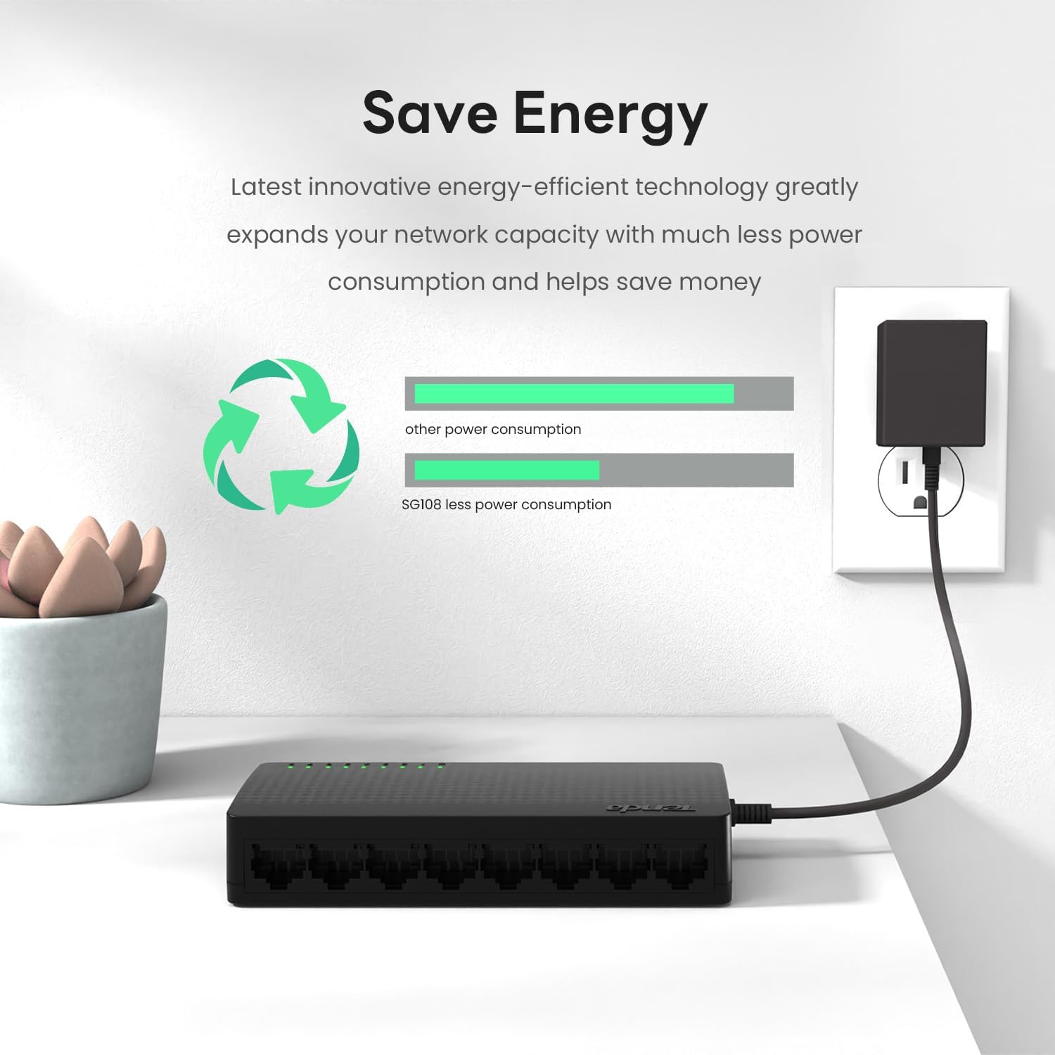 Tenda SG108 8-Port Gigabit Ethernet Switch – Unmanaged, Plug & Play, Fanless, Desktop or Wall Mount