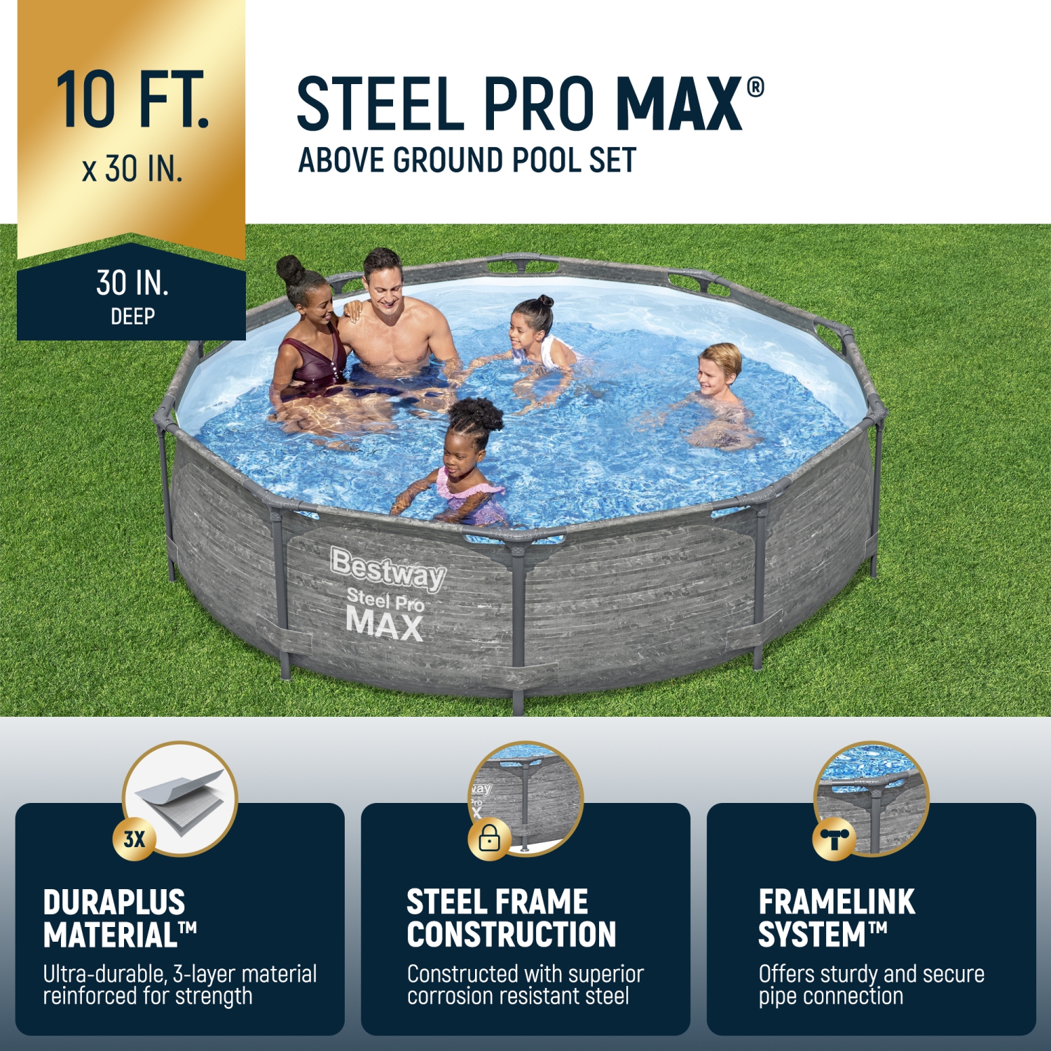 Bestway Steel Pro MAX 10' x 30" Above Ground Outdoor Swimming Pool Set, Gray