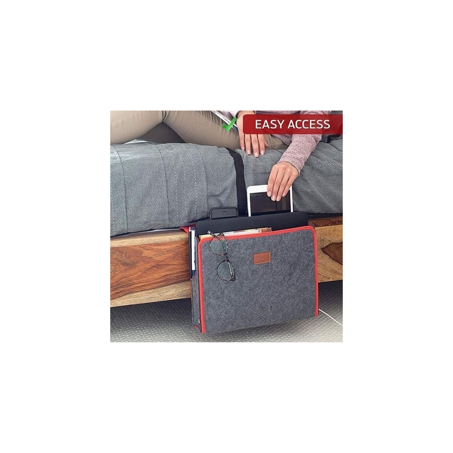 SANDBANKS DESIGNS: Bedside Storage Caddy Organizer - For Under Mattress in Bedroom, Dorm, Hospital, Bunk, Couch, Table - Macbook, Books, iPhone,