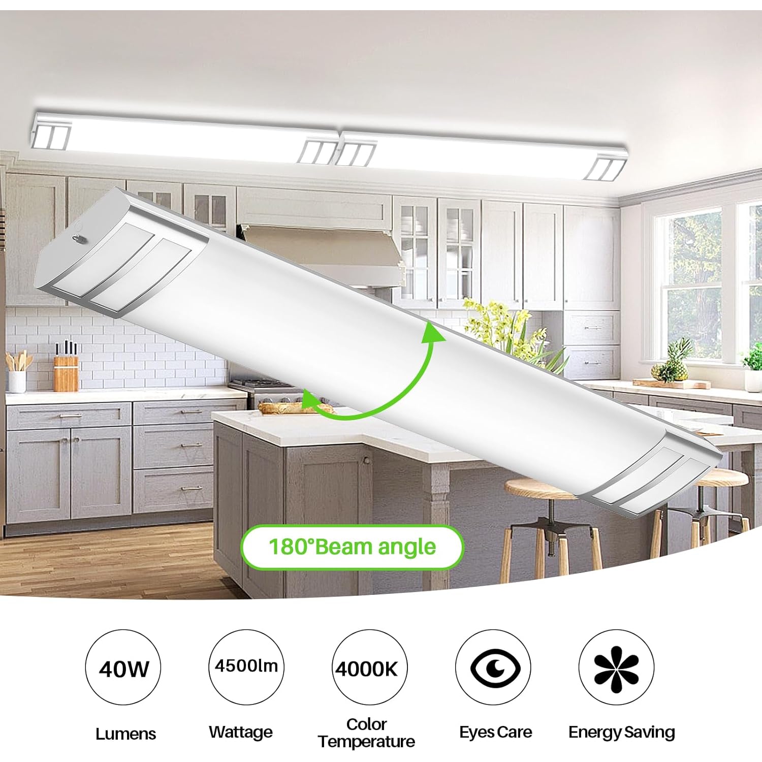 4FT LED Light Fixture, 40W, 4500LM, 4000K Neutral White, 48 Inch LED Linear Flush Mount Lights, 4 Foot Kitchen Ceiling Light for Craft Room, Laundry