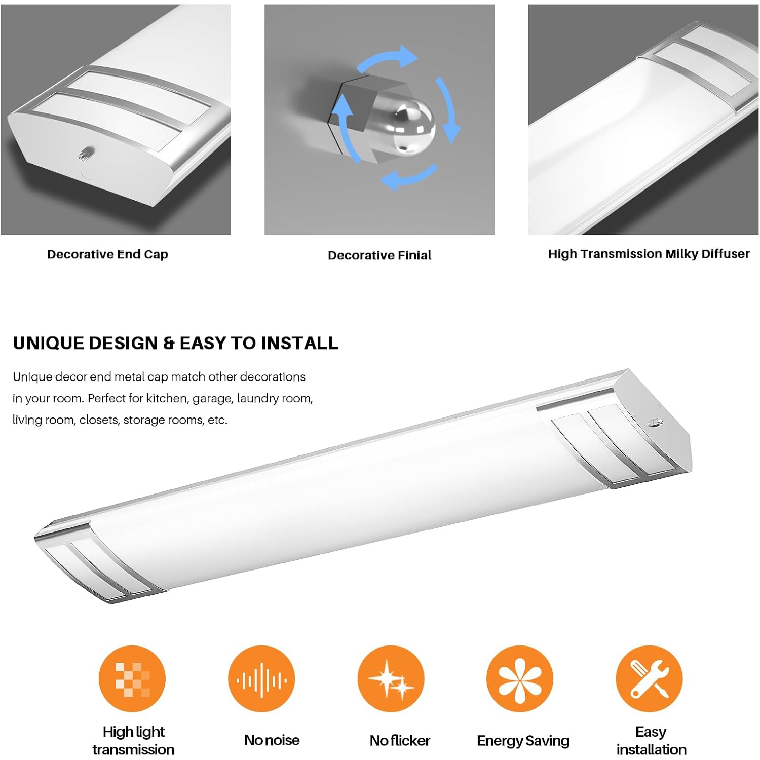 4FT LED Light Fixture, 40W, 4500LM, 4000K Neutral White, 48 Inch LED Linear Flush Mount Lights, 4 Foot Kitchen Ceiling Light for Craft Room, Laundry
