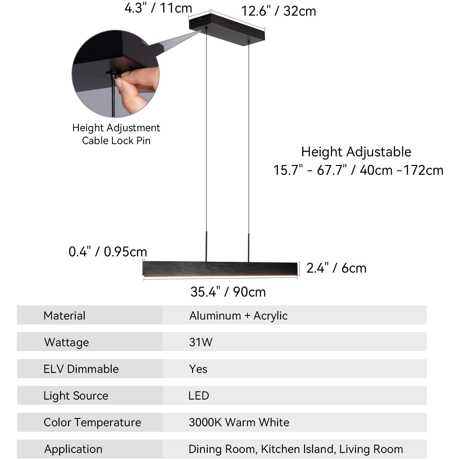 Linear LED Pendant Light Black, 31W Dimmable Dining Room Light Fixtures, Modern Ceiling Hanging Kitchen Island Lighting Fixtures, 35.4"L Linear