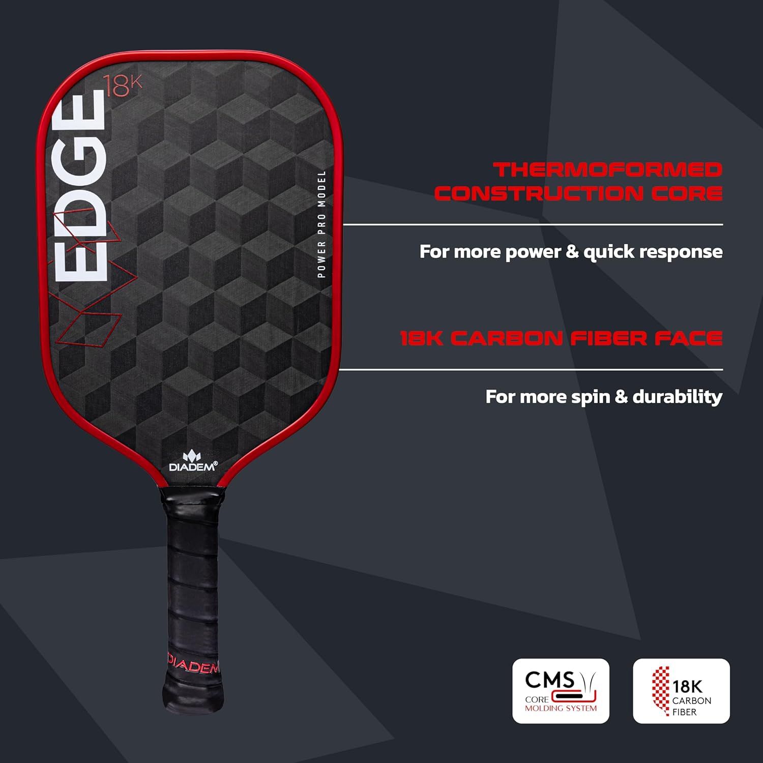 Diadem Sports Diadem Edge 18K Pickleball Paddle USAPA Approved | 18K Carbon Fiber Face for Spin & Control | 16mm Control Paddle