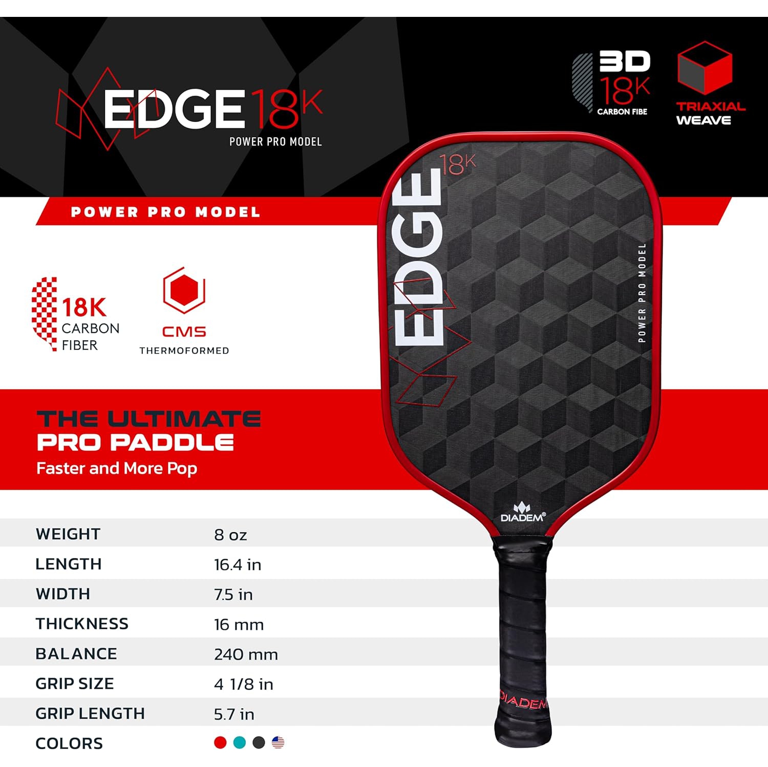 Diadem Sports Diadem Edge 18K Pickleball Paddle USAPA Approved | 18K Carbon Fiber Face for Spin & Control | 16mm Control Paddle