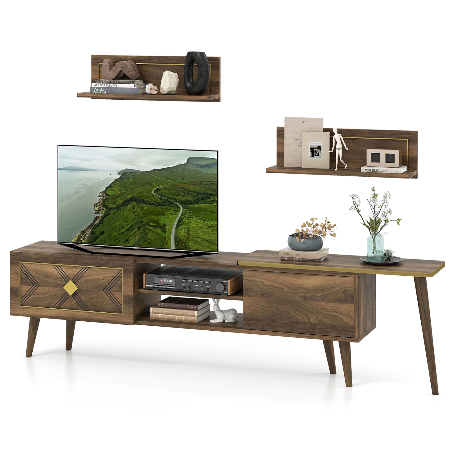 Gymax TV Stand Rustic Farmhouse Entertainment Center Suits TVs up to 85 Inches