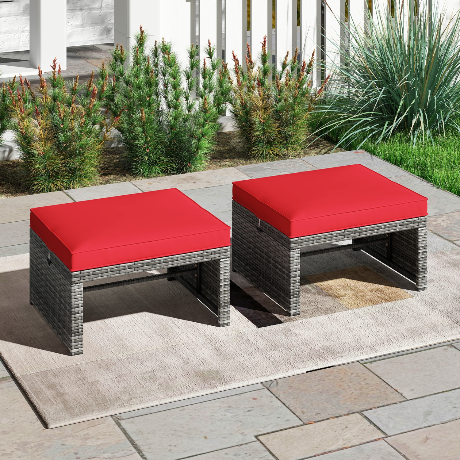 Gymax 2 Pieces Patio PE Rattan Ottomans with Soft Zippered Cushions for Deck Frame