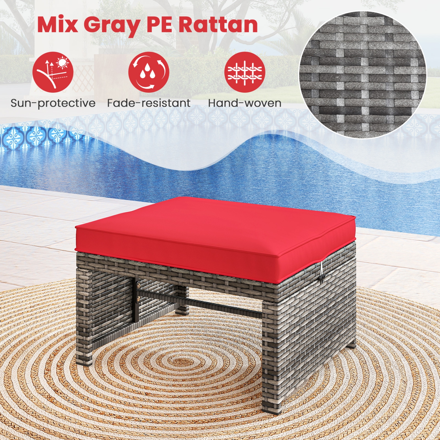 Gymax 2 Pieces Patio PE Rattan Ottomans with Soft Zippered Cushions for Deck Frame