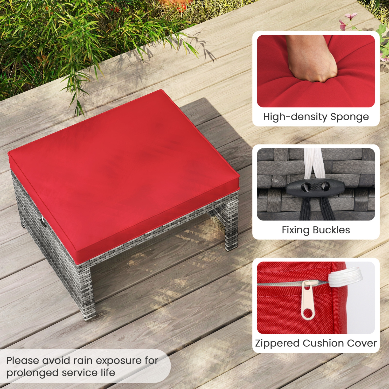 Gymax 2 Pieces Patio PE Rattan Ottomans with Soft Zippered Cushions for Deck Frame