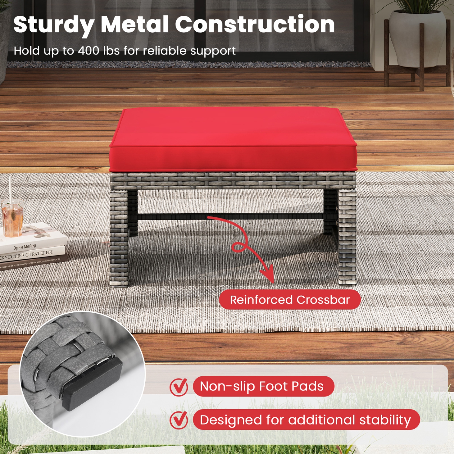 Gymax 2 Pieces Patio PE Rattan Ottomans with Soft Zippered Cushions for Deck Frame