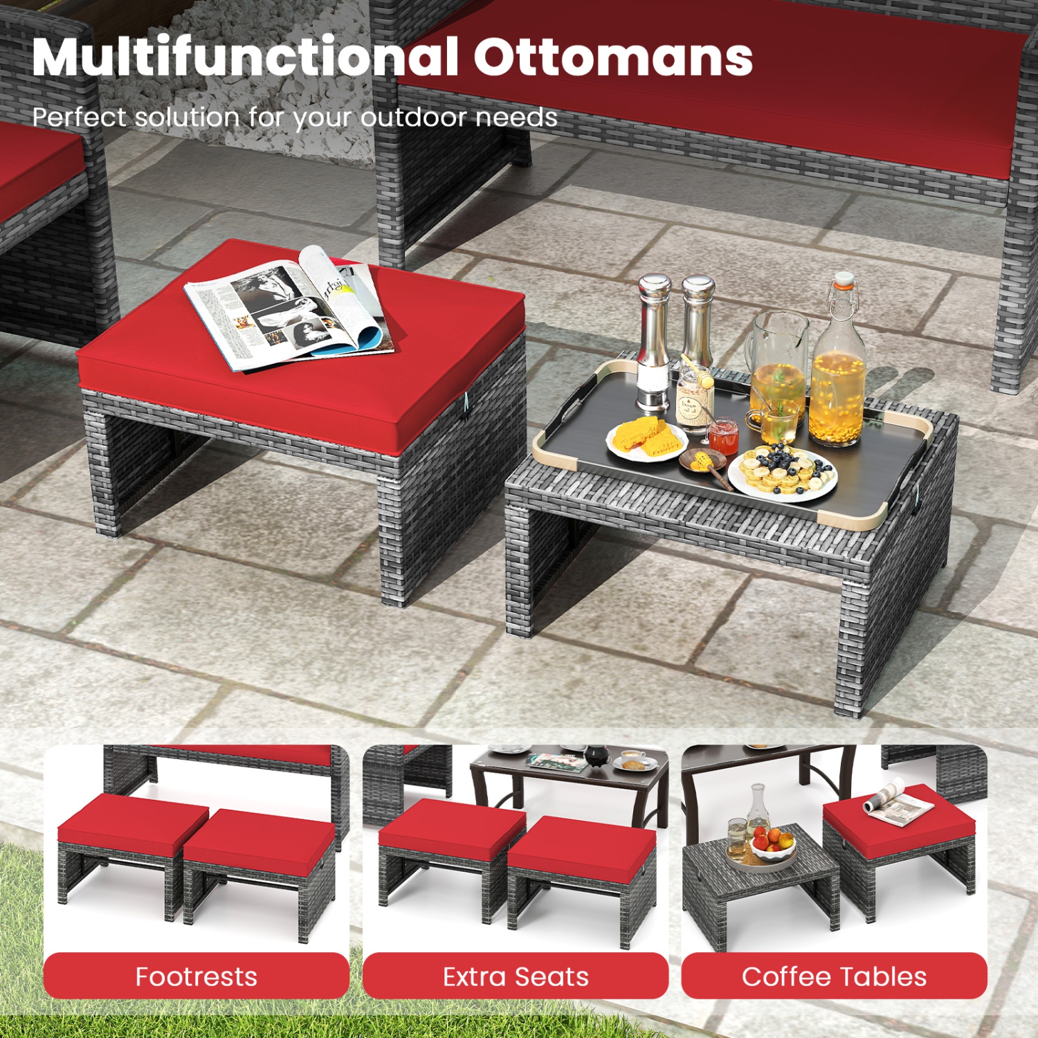 Gymax 2 Pieces Patio PE Rattan Ottomans with Soft Zippered Cushions for Deck Frame