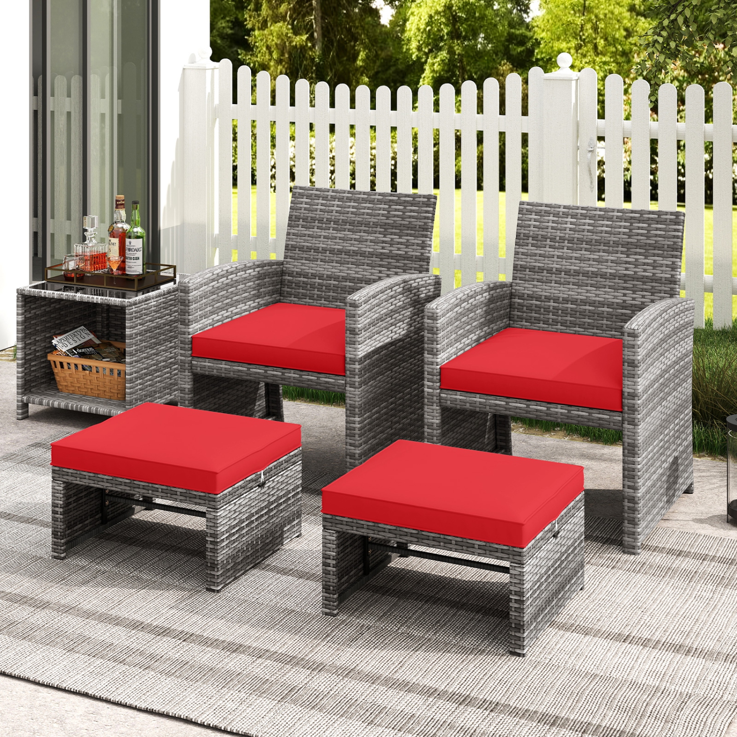 Gymax 2 Pieces Patio PE Rattan Ottomans with Soft Zippered Cushions for Deck Frame