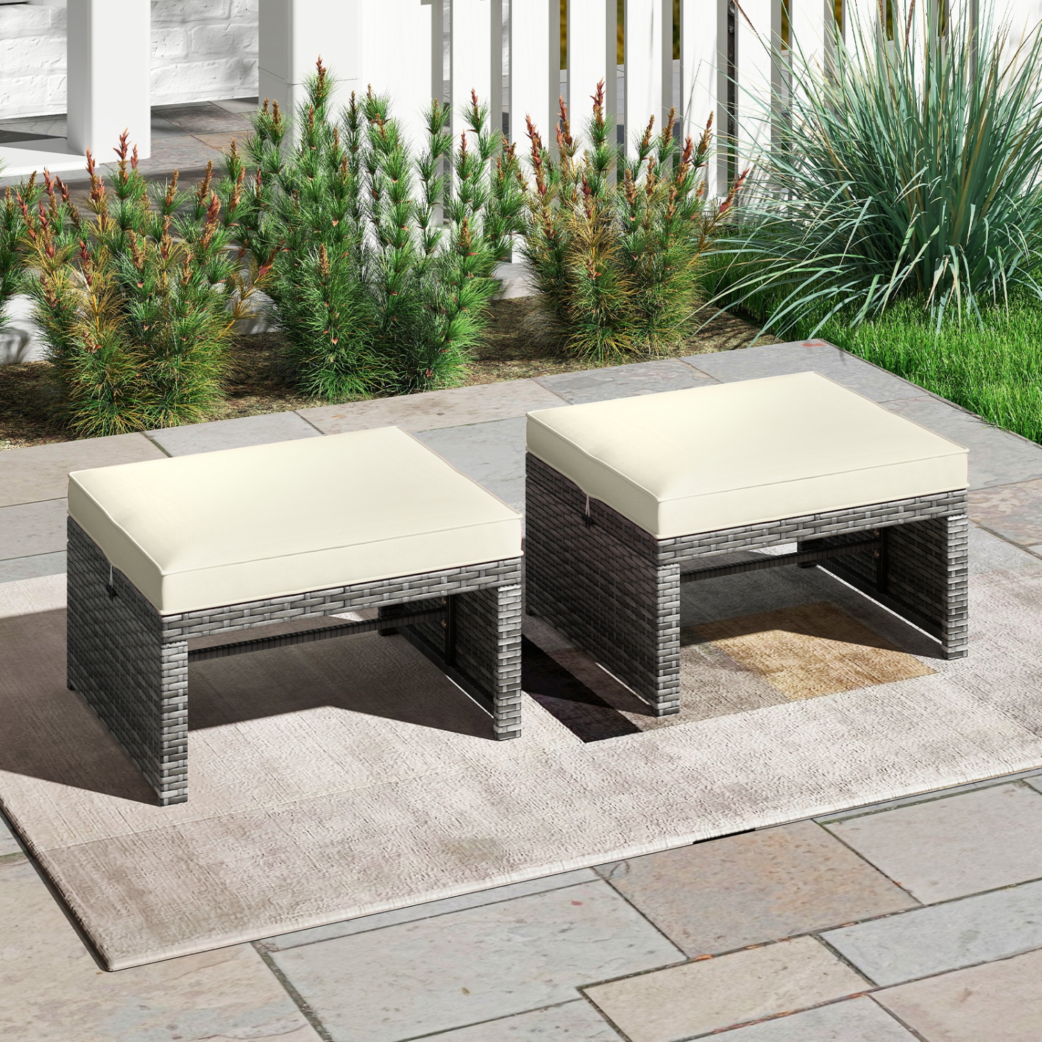 Gymax 2 Pieces Patio PE Rattan Ottomans with Soft Zippered Cushions for Deck Frame