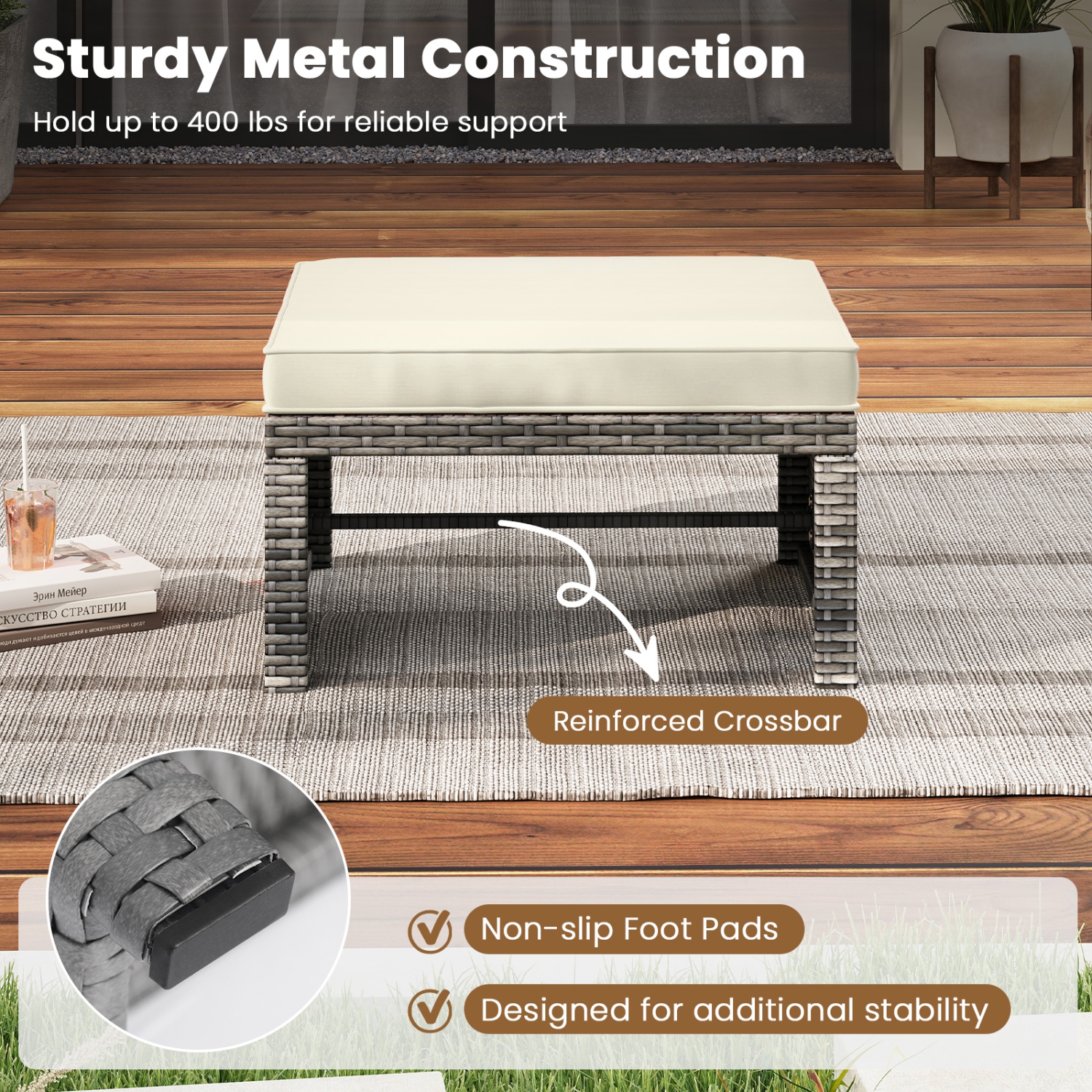Gymax 2 Pieces Patio PE Rattan Ottomans with Soft Zippered Cushions for Deck Frame